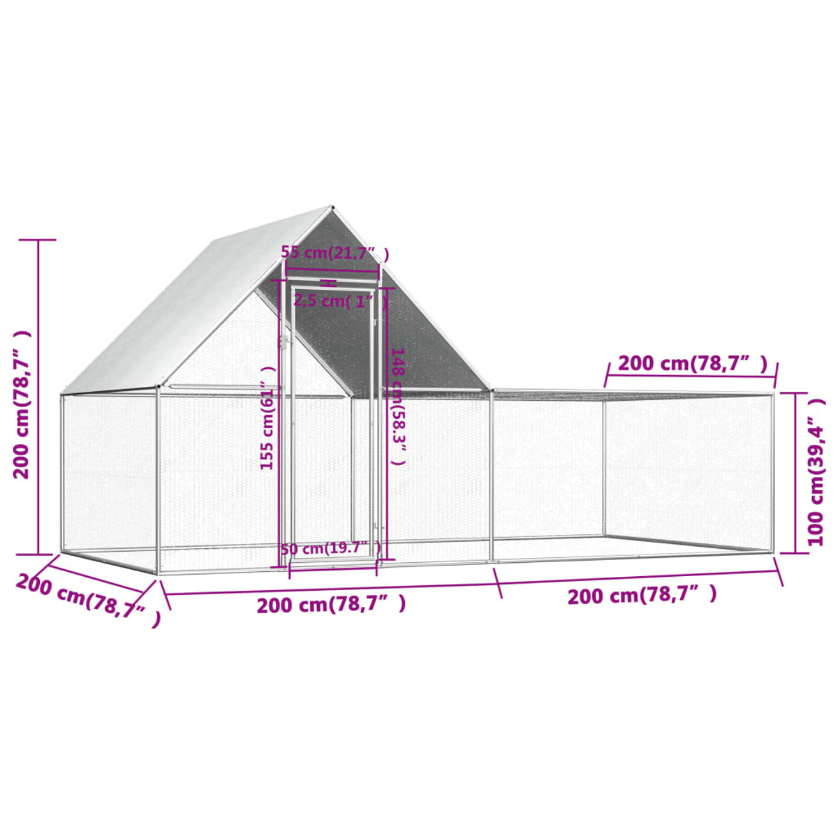 Diagramm eines großen Hühnerstalls aus Holz mit Abmessungen in cm und Zoll.