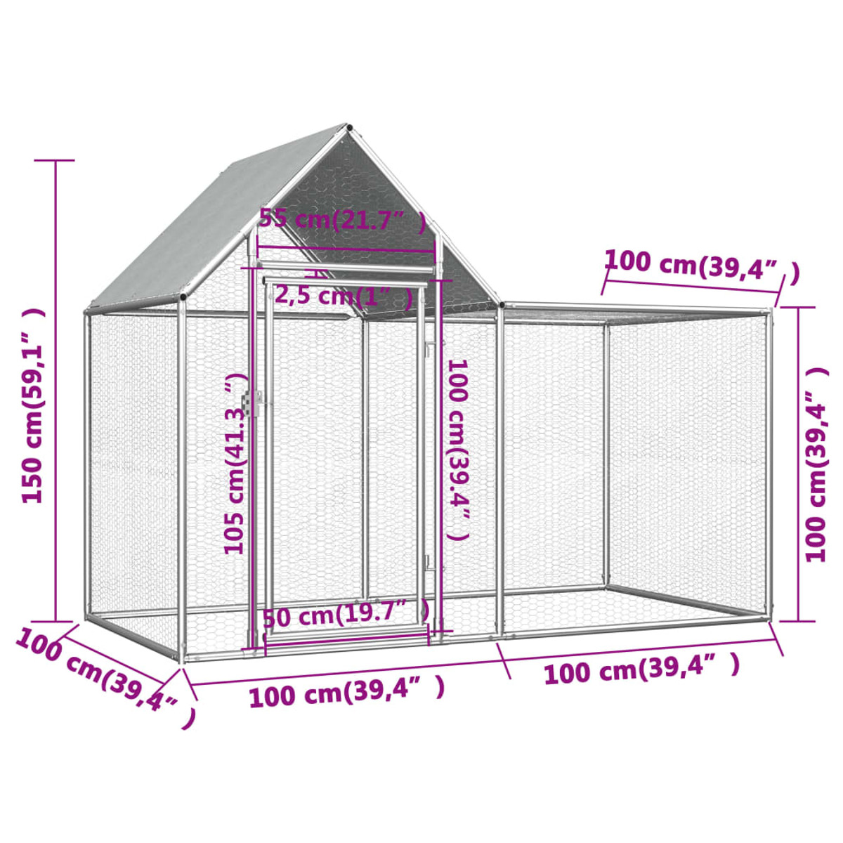 Diagramm eines Hühnerstalls mit Abmessungen in cm und Zoll. Der Stall ist aus Metall.