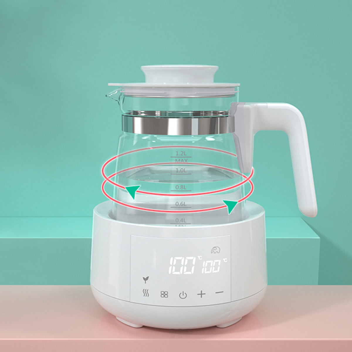 Ein weißer elektrischer Wasserkocher mit Glasbehälter und digitaler Anzeige.