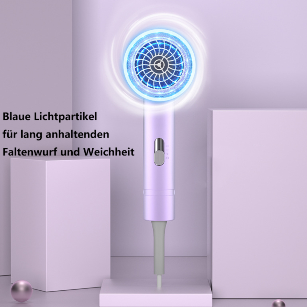 Ein lila Haartrockner mit blauem Licht und Text über das Erzeugen von dauerhafter Glätte und Weichheit.