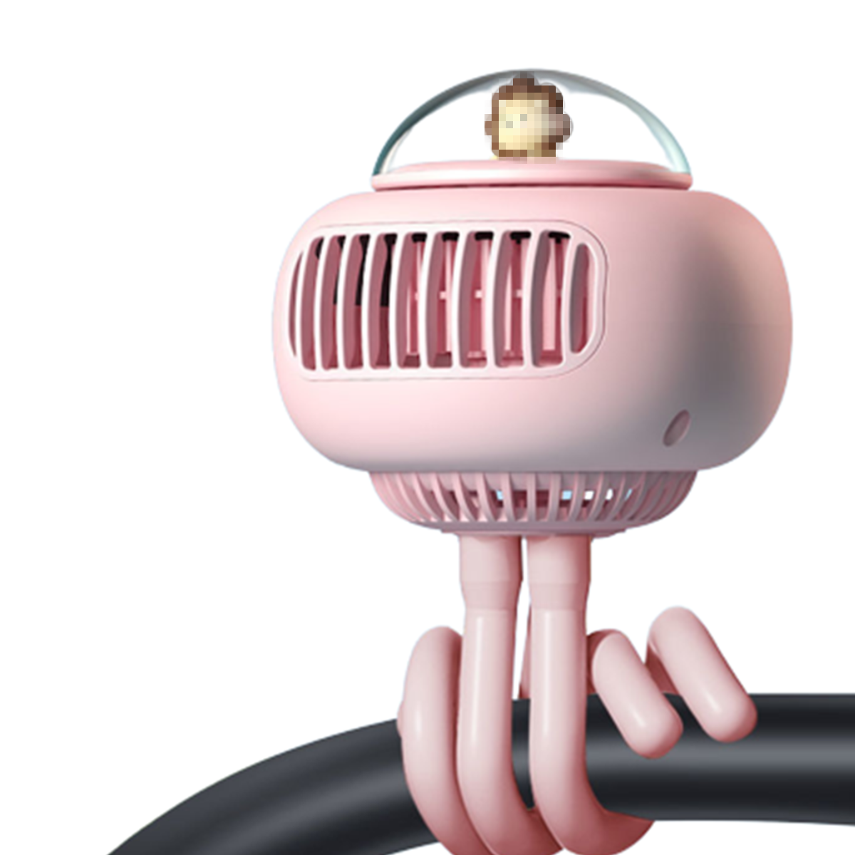 Rosa Ventilator mit cartoonartigem Design, an einem schwarzen, gebogenen Stab befestigt.
