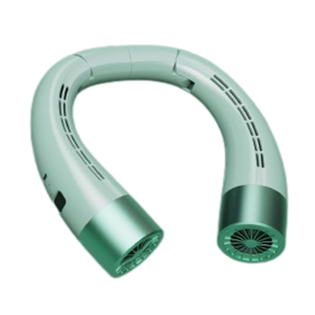 Ein Nackenventilator, ein U-förmiges Gerät in hellgrüner Farbe. Hat Luftschlitze.