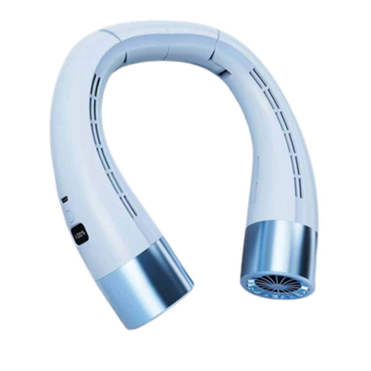 Ein weißer Nackenventilator mit silbernen Akzenten, U-förmig, auf weißem Hintergrund.