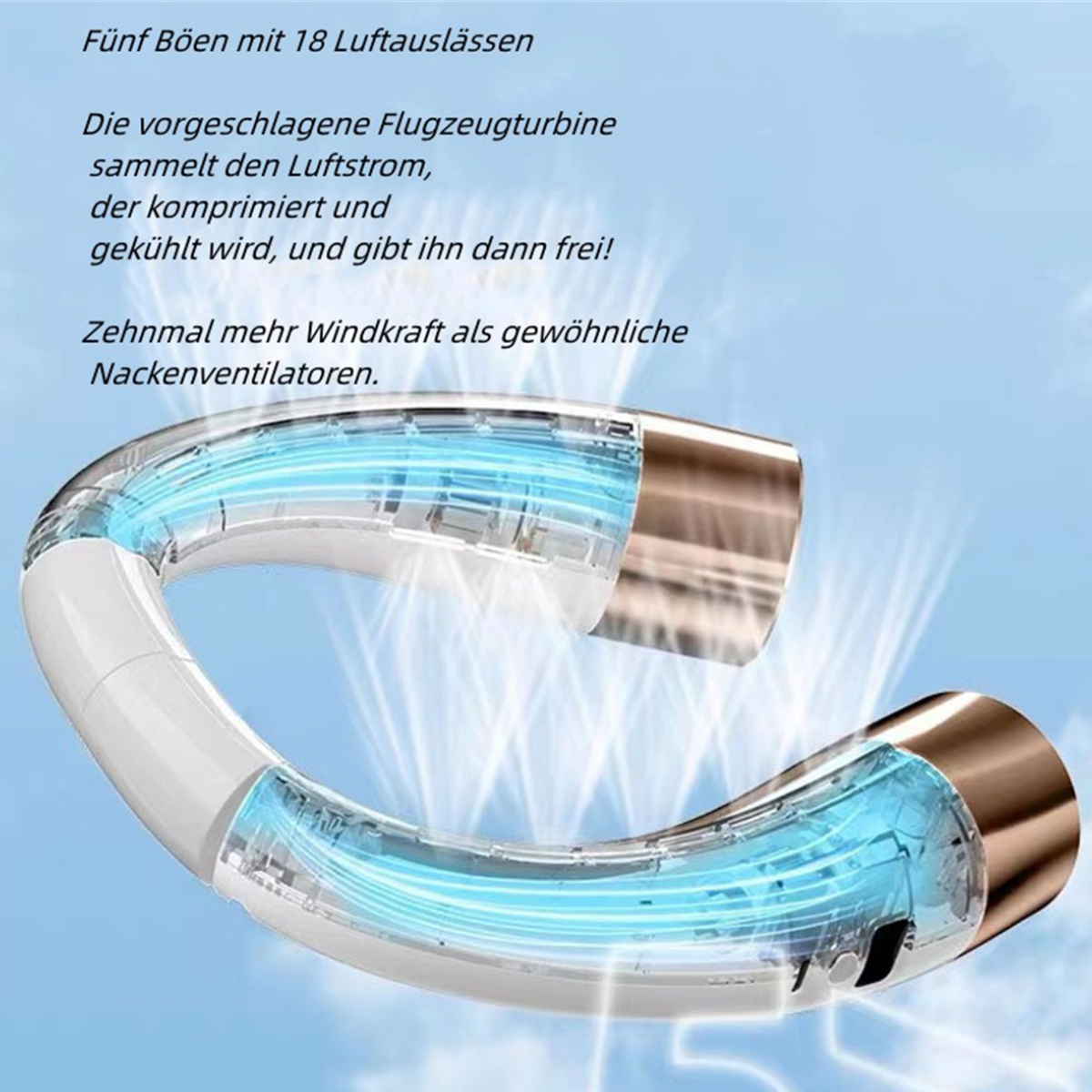 Ein Nackenventilator mit blauen Lichtern und goldenen Akzenten auf blauem Hintergrund.