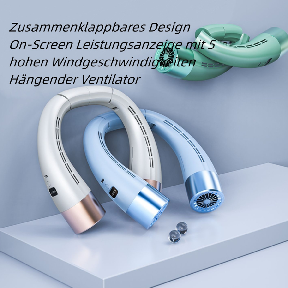 Drei Nackenventilatoren, weiß, blau und grün. Auf einer weißen Oberfläche. Hintergrund ist ein Farbverlauf.