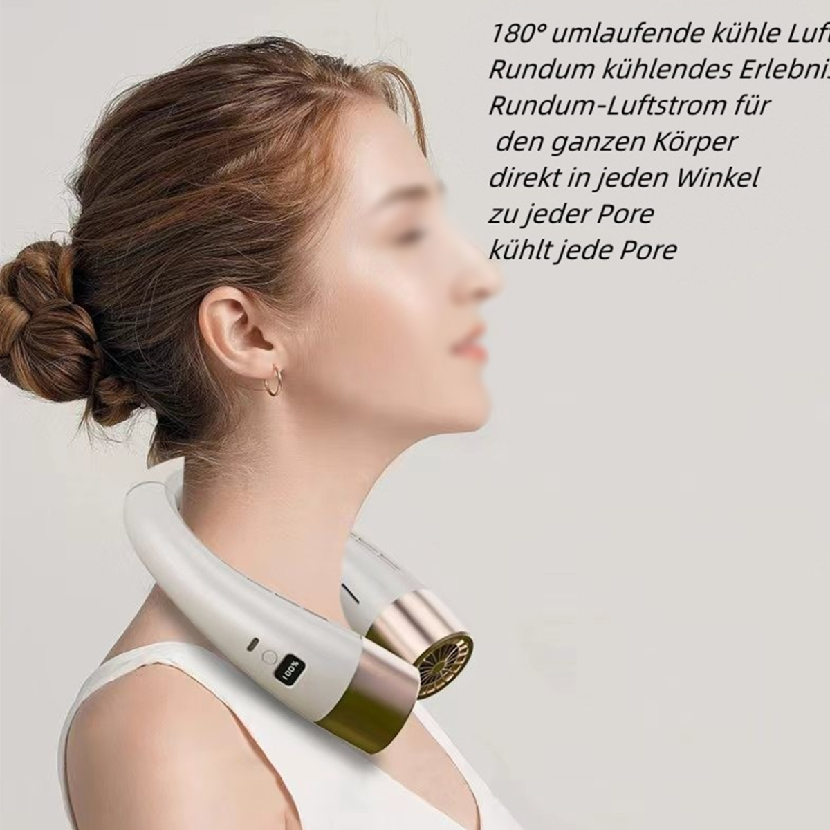Frau trägt weißen Nackenventilator. Text beschreibt Kühlung und Luftstrom. Gold-weißes Gerät.