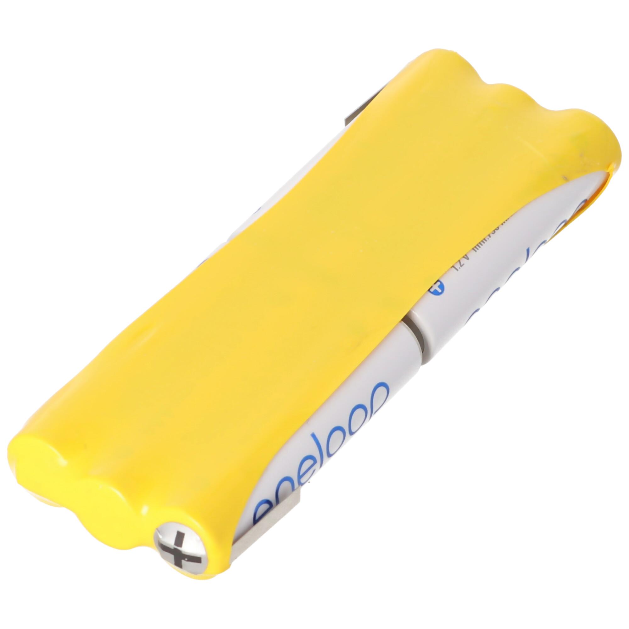 Gelbes Batteriepack mit Batterien. Weißer Hintergrund.