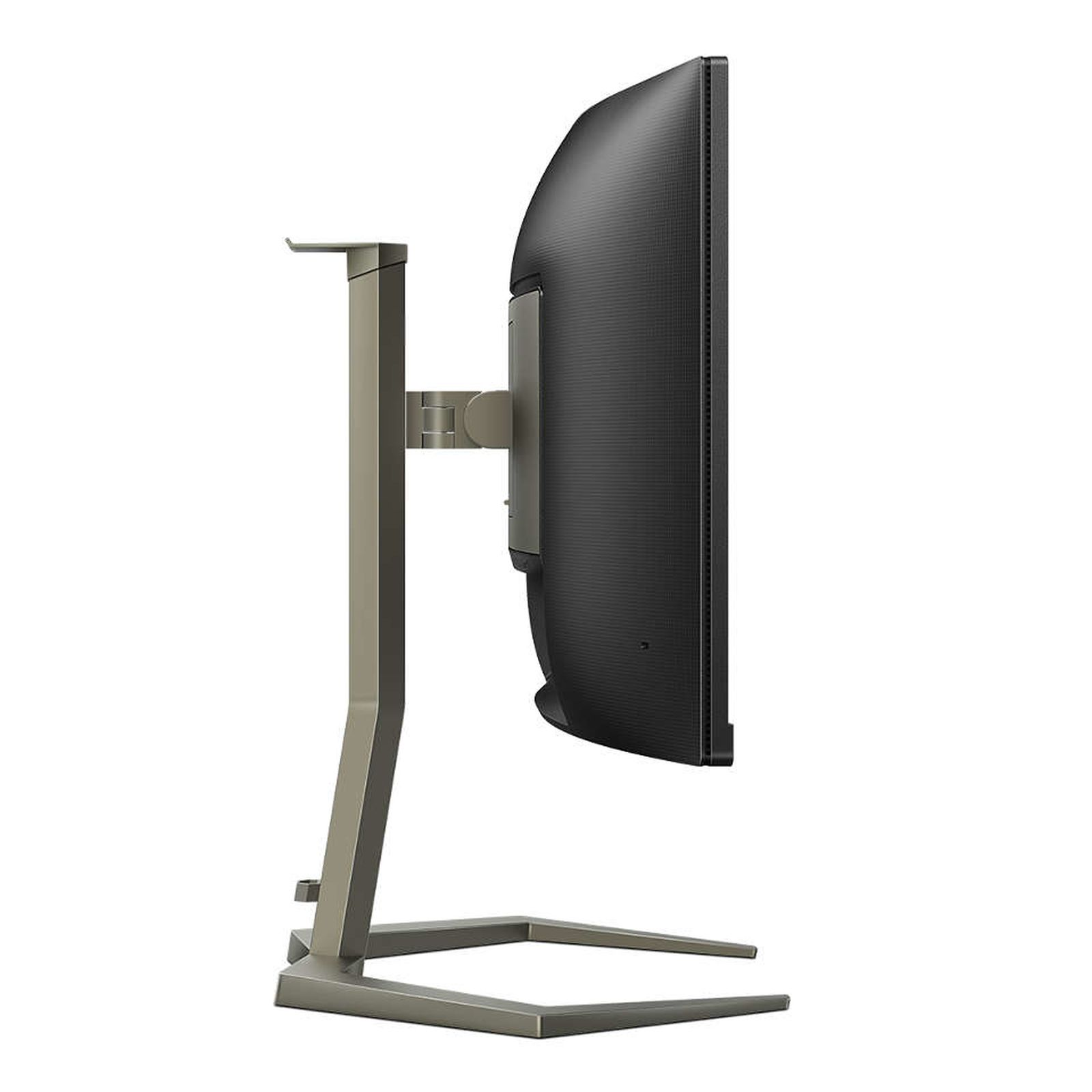 Vista laterale di un monitor scuro con un supporto. Il supporto è grigio, lo schermo è nero.