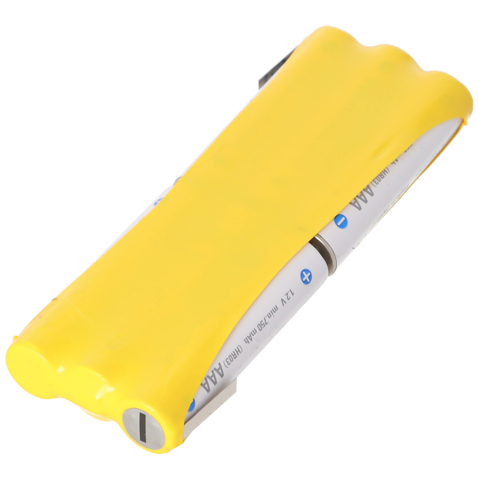 Batterien in einem gelben Halter. Die Batterien sind AAA und der Halter ist gelb.
