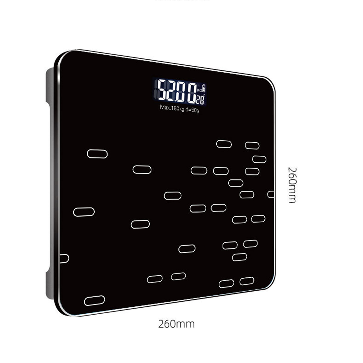 Schwarze Digitalwaage mit Messungen in mm und Anzeige mit 52,00 kg. Es hat verschiedene kleine Punkte.