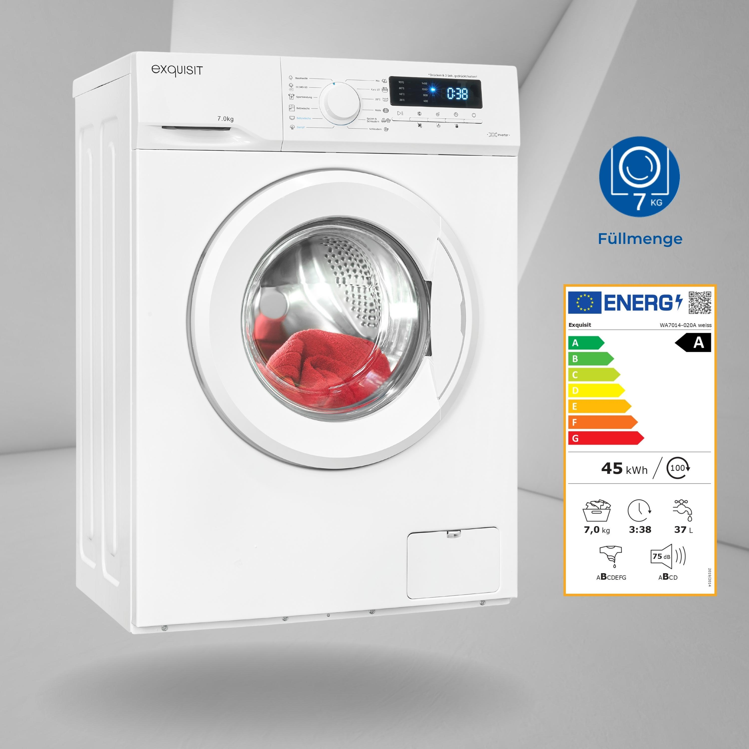 Eine weiße Waschmaschine mit einem roten Handtuch im Inneren. Rechts befindet sich ein Energielabel.