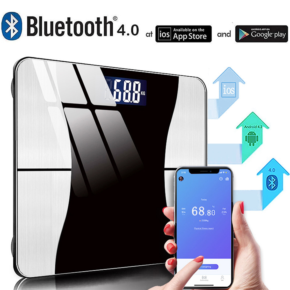 Eine schwarze Waage mit einem Telefon, das das Gewicht anzeigt. Bluetooth- und App-Symbole sind sichtbar.