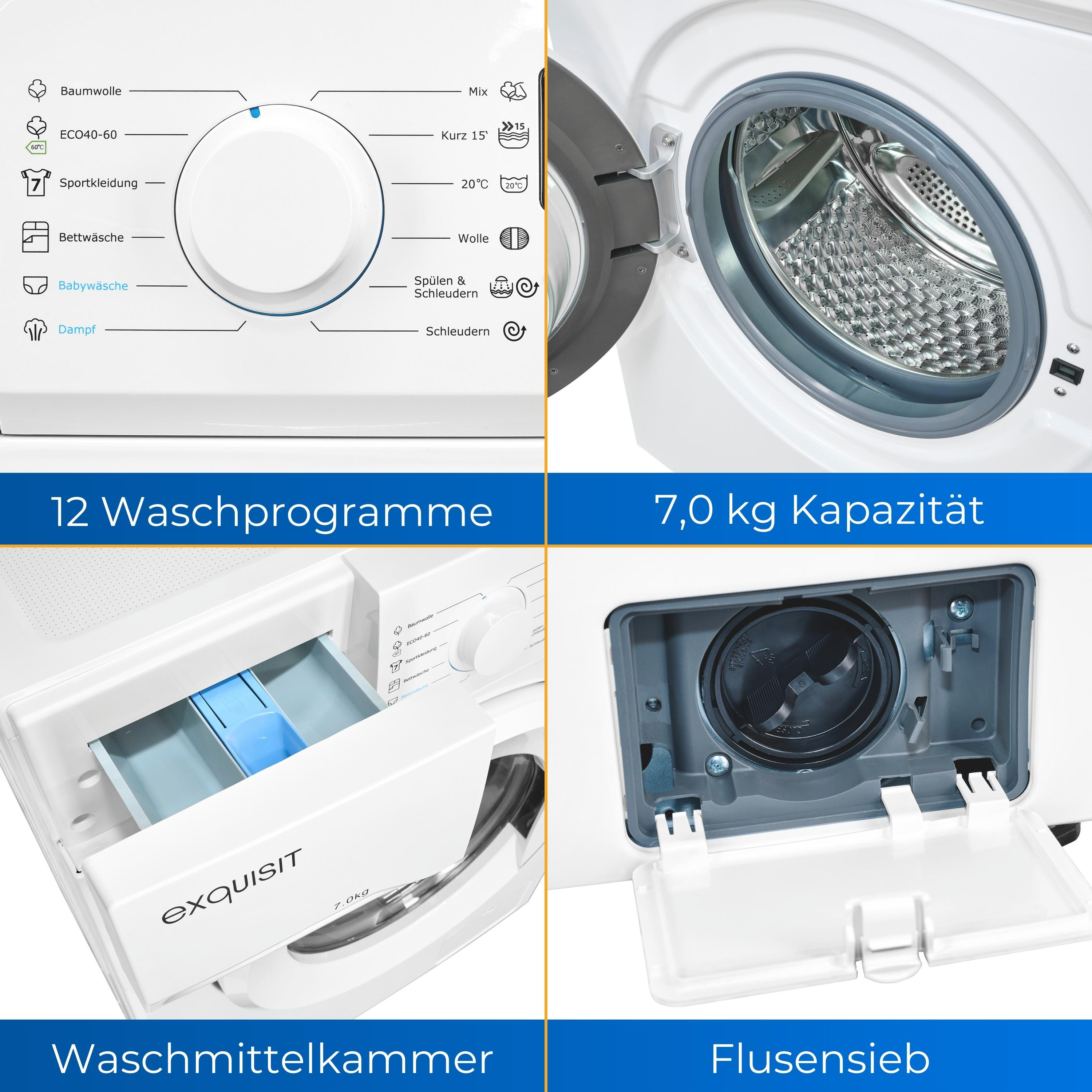 Eine weiße Waschmaschine mit mehreren Knöpfen und beschrifteten Fächern.