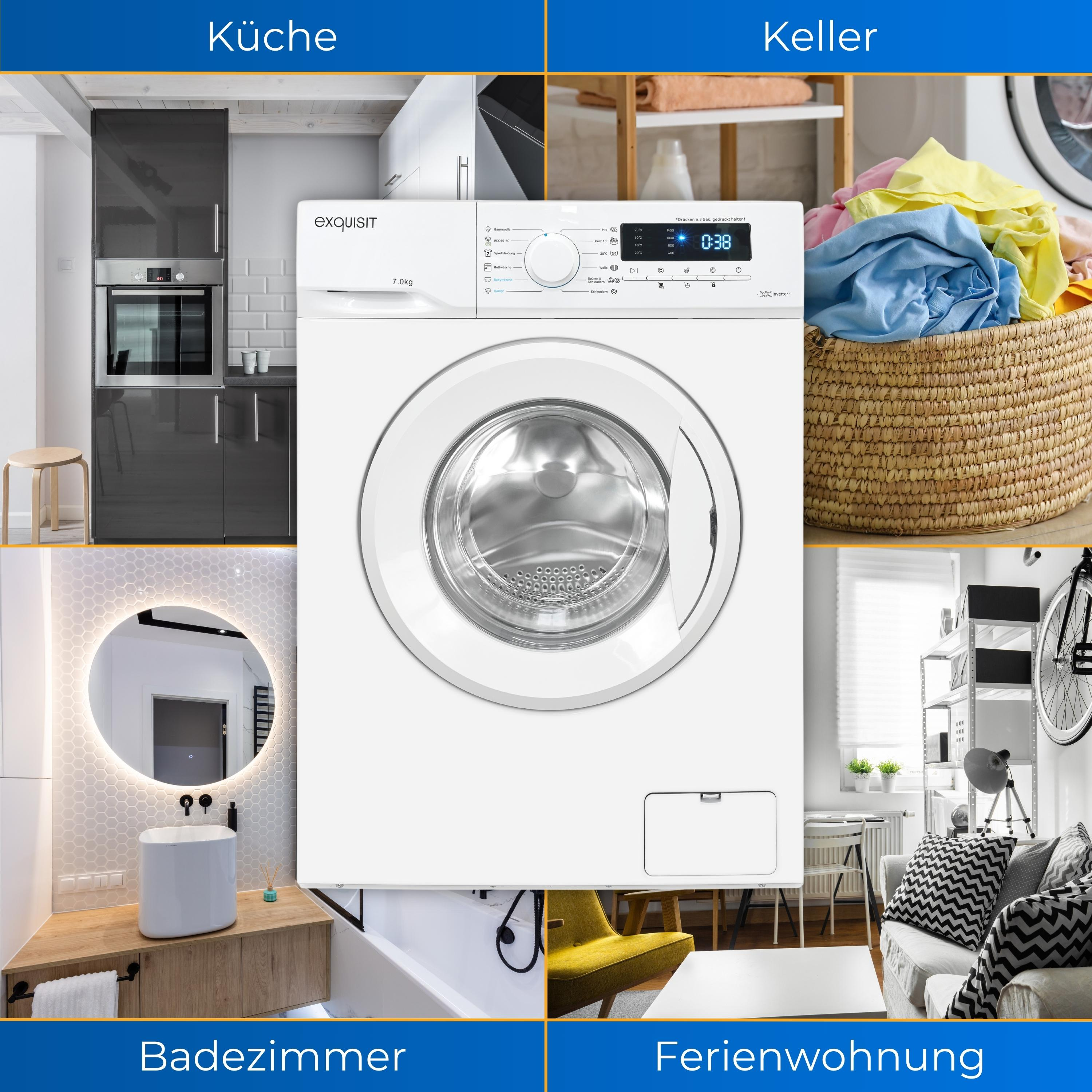 Ein geteiltes Bild mit Küche, Bad, Waschküche und Wohnzimmer. Eine Waschmaschine steht im Zentrum.
