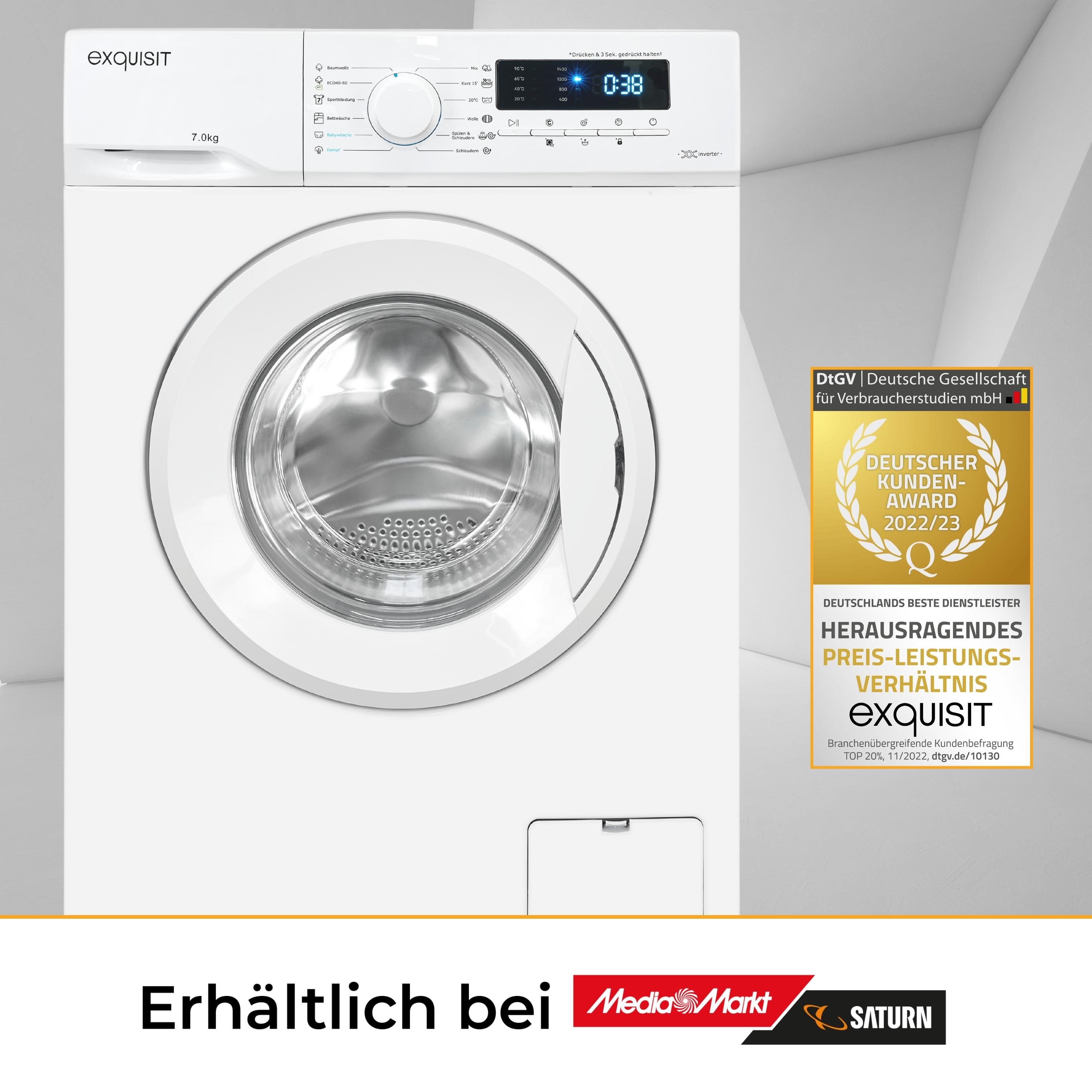 Weiße Waschmaschine mit Digitalanzeige und Auszeichnung für Kundenzufriedenheit.