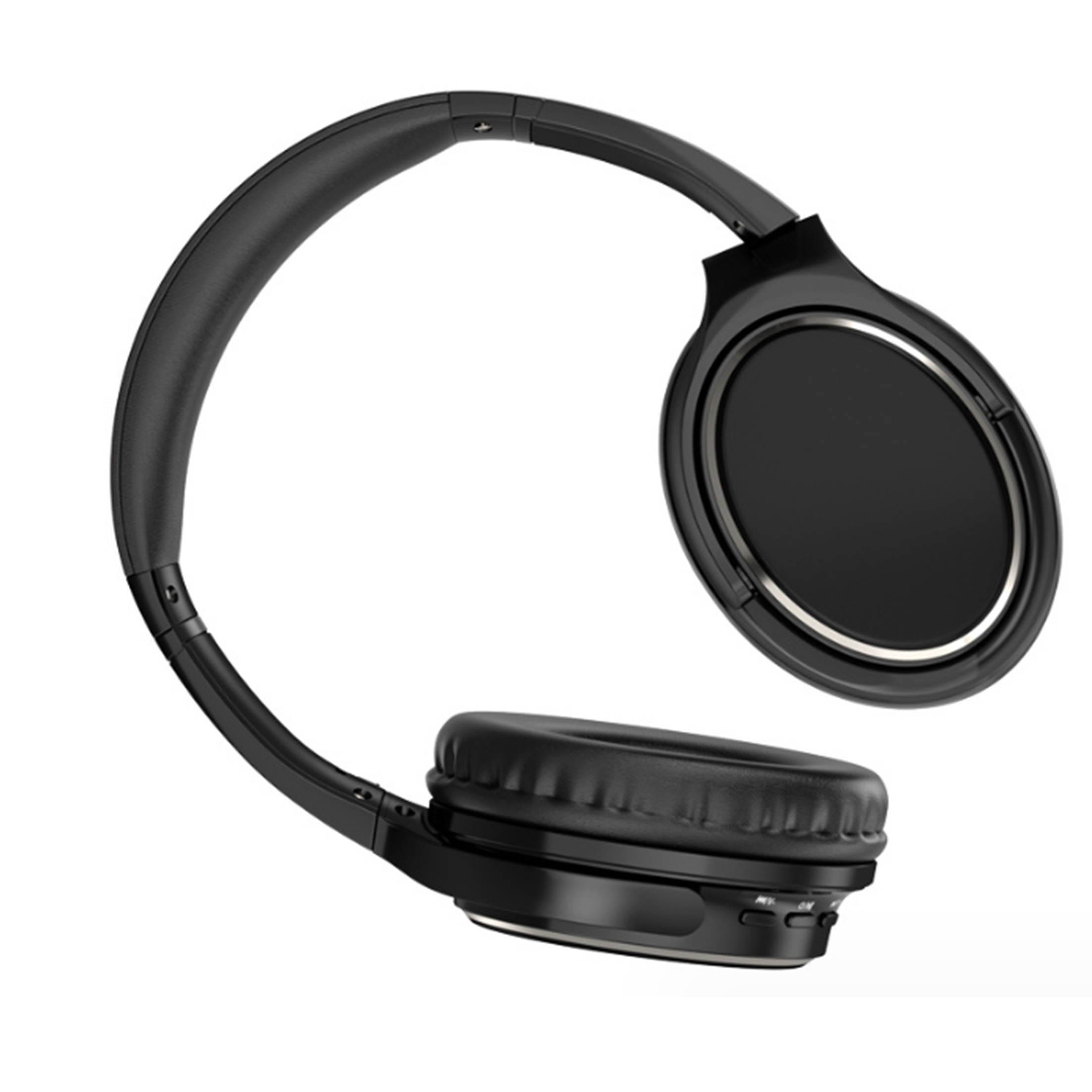 Schwarze Over-Ear-Kopfhörer, leicht angewinkelt. Die Ohrmuscheln sind rund, das Kopfband gebogen.