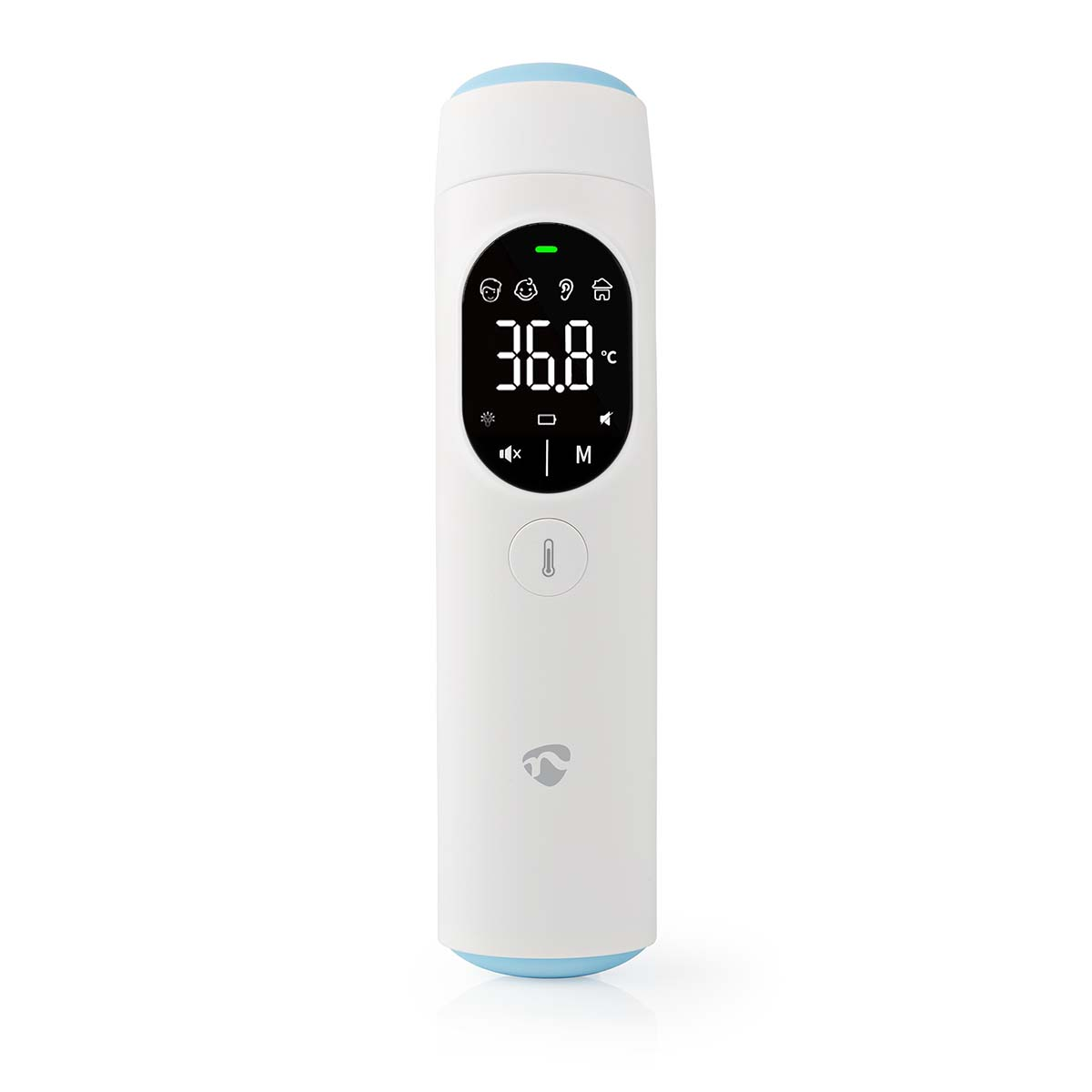 Termometro digitale bianco e blu con uno schermo che mostra la temperatura in gradi Celsius.