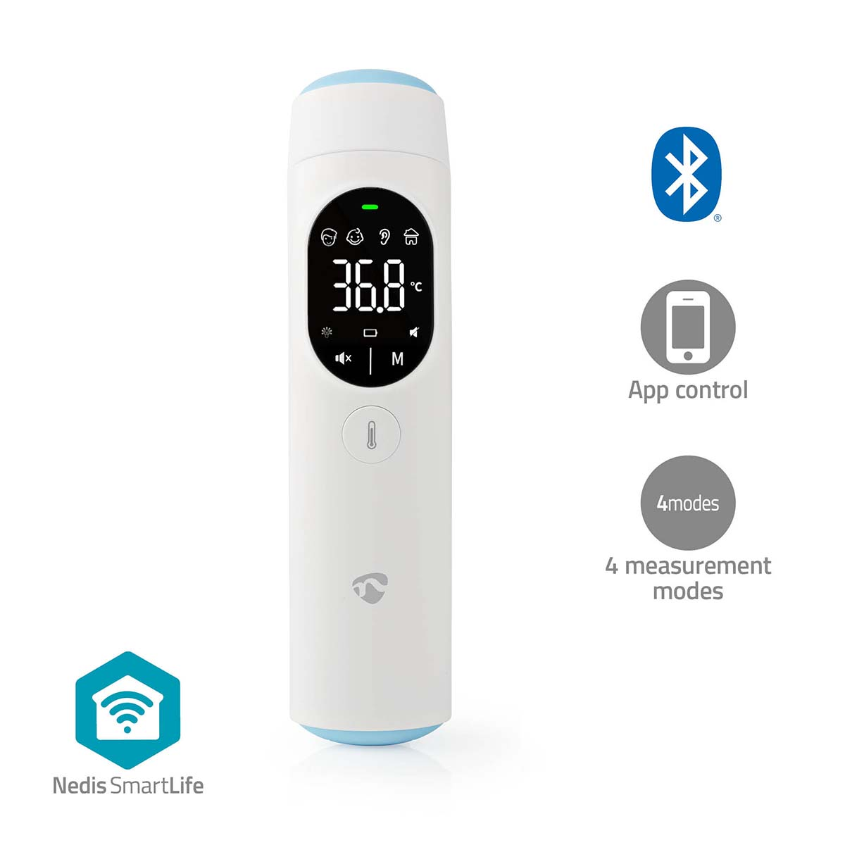 Un termometro digitale bianco e blu con un display che mostra 36,8 gradi Celsius, circondato da icone.