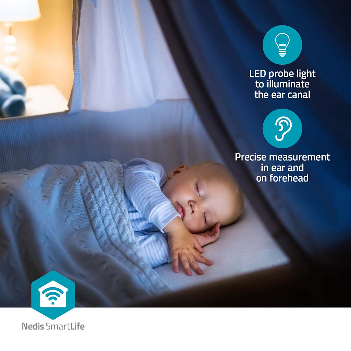 Un bambino che dorme in una culla con testo che indica la luce della sonda LED e la misurazione precisa.
