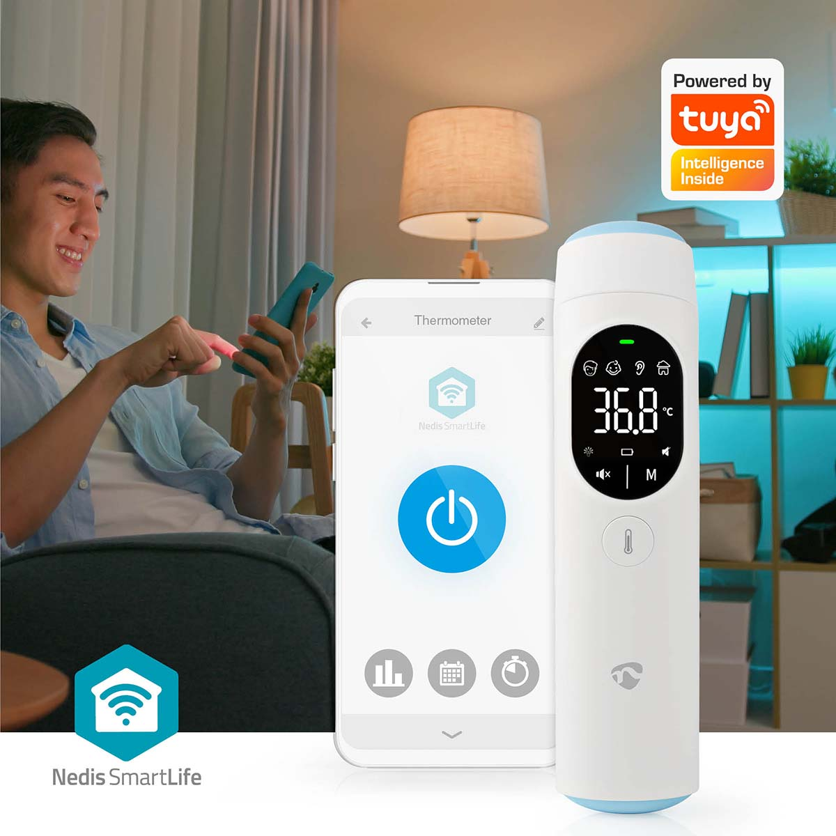 Uomo usa telefono, termometro e smartphone. Termometro mostra temperatura 36,8°C.
