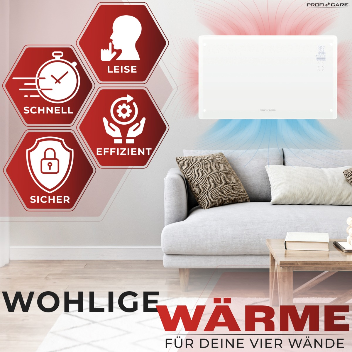 Ein weißer Heizlüfter mit Symbolen für: schnell, leise, effizient und sicher. Couch im Hintergrund.