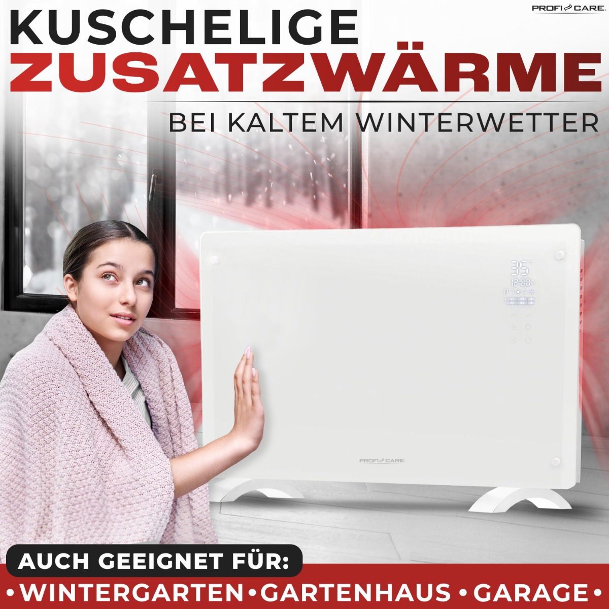 Eine Frau neben einem Heizgerät. Text wirbt für Wärme im Winter, für Garten und Garage.