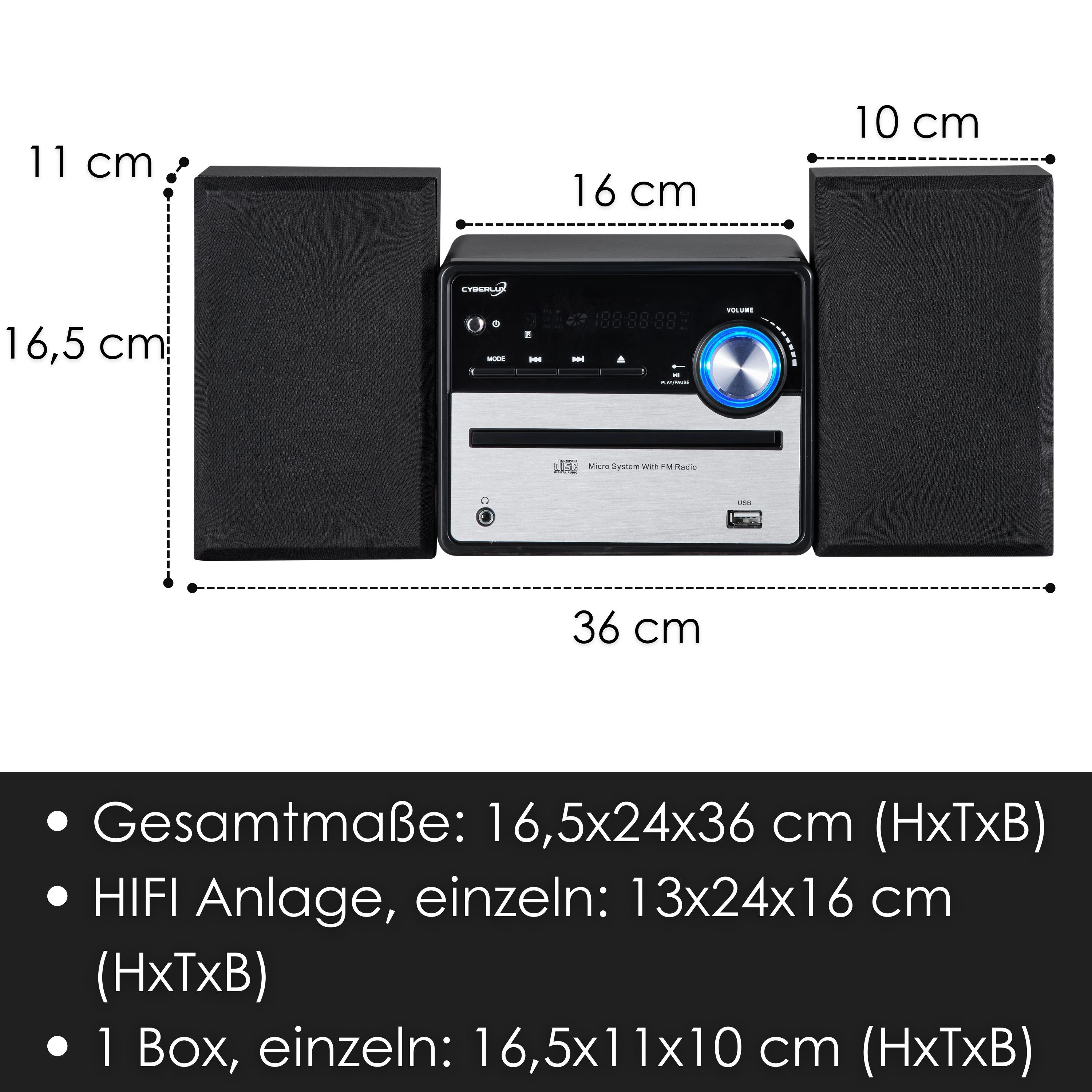 Ein Mikro-Musiksystem mit Lautsprechern. Textbezeichnungen zeigen die Abmessungen. Schwarz-Silber-Design.
