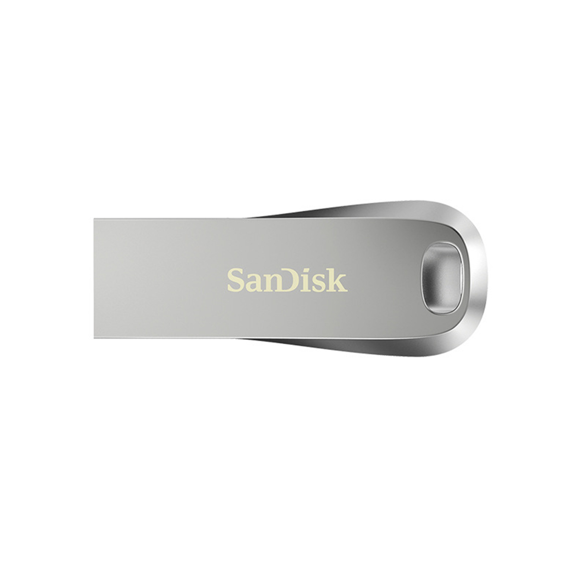 Ein silberner SanDisk USB-Stick, von oben betrachtet, isoliert auf Weiß.