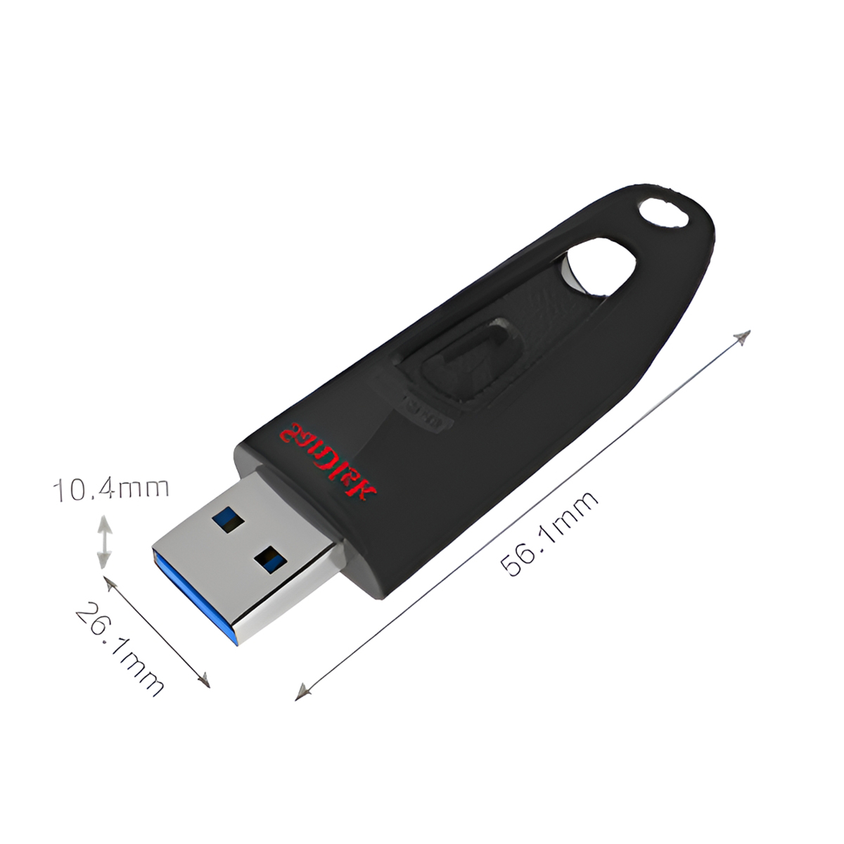 Ein schwarzer und roter USB-Stick mit beschrifteten Abmessungen, die Länge und Dicke zeigen.