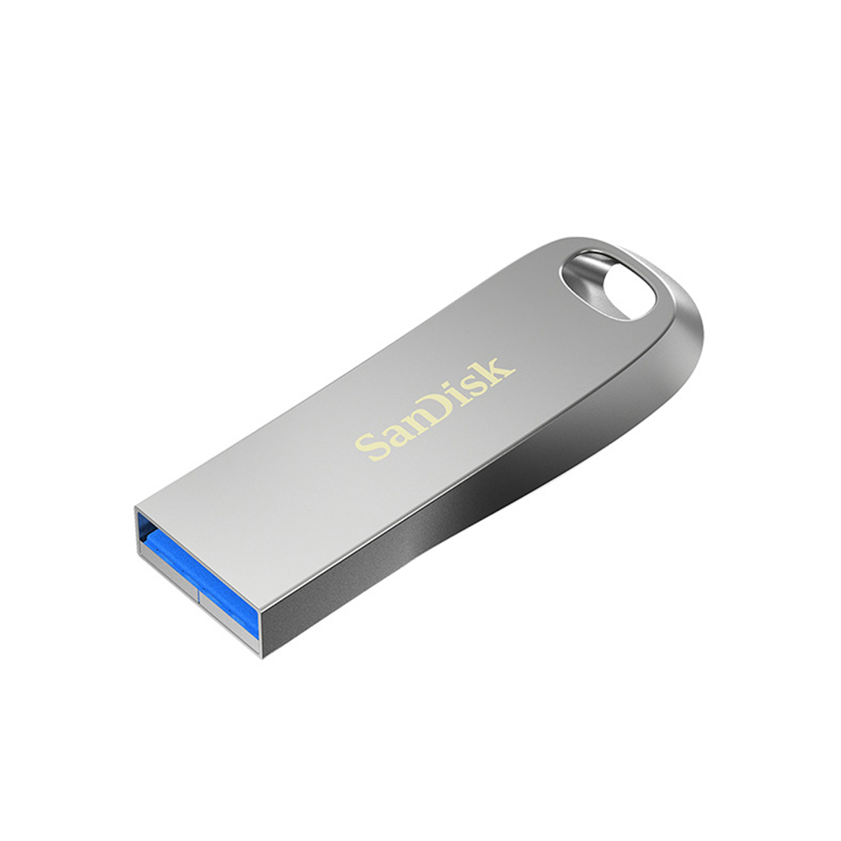 Silberner SanDisk USB-Stick mit blauem Stecker, schräg auf weißem Hintergrund.