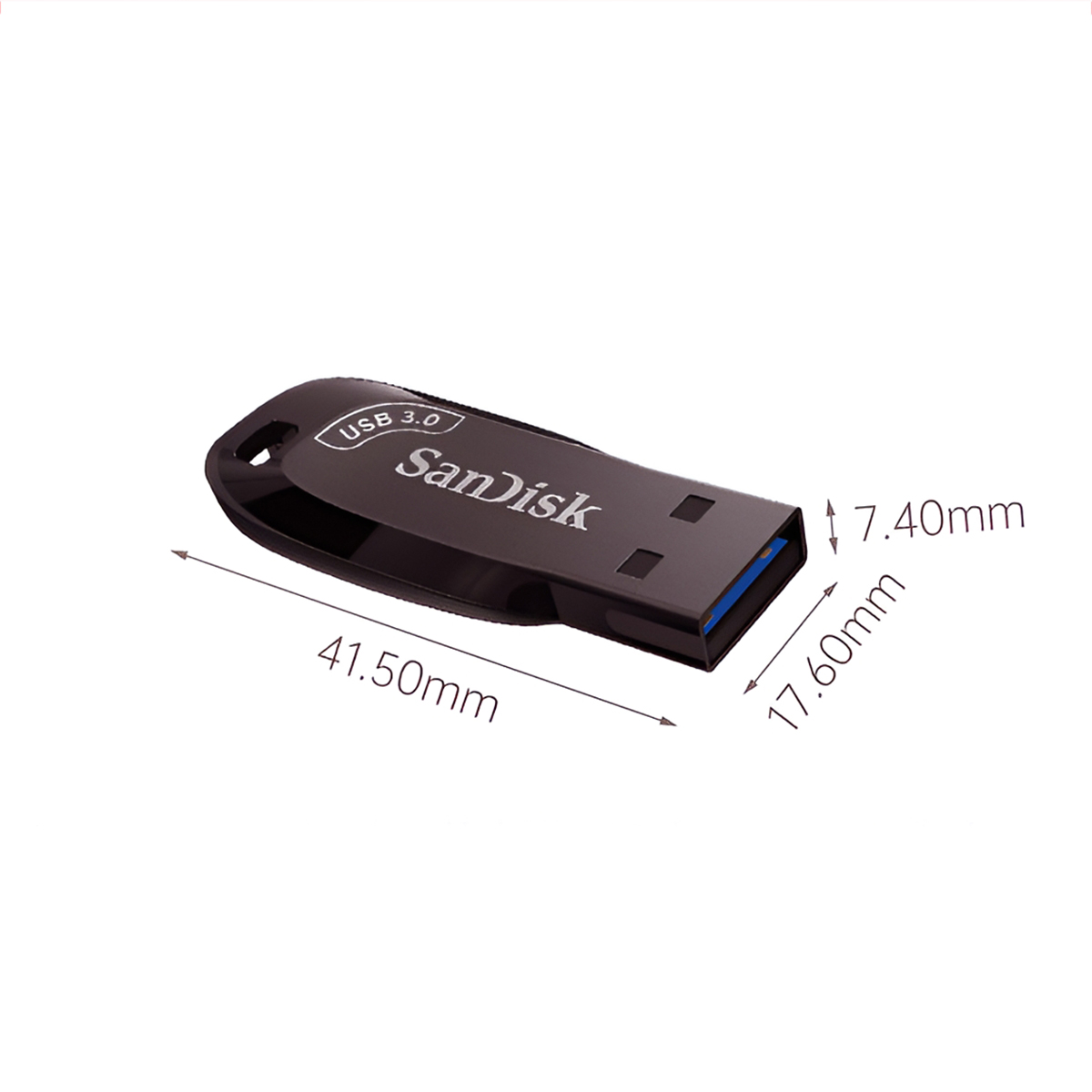 Schwarzer USB-Stick mit Sandisk-Logo, Abmessungen und USB 3.0.