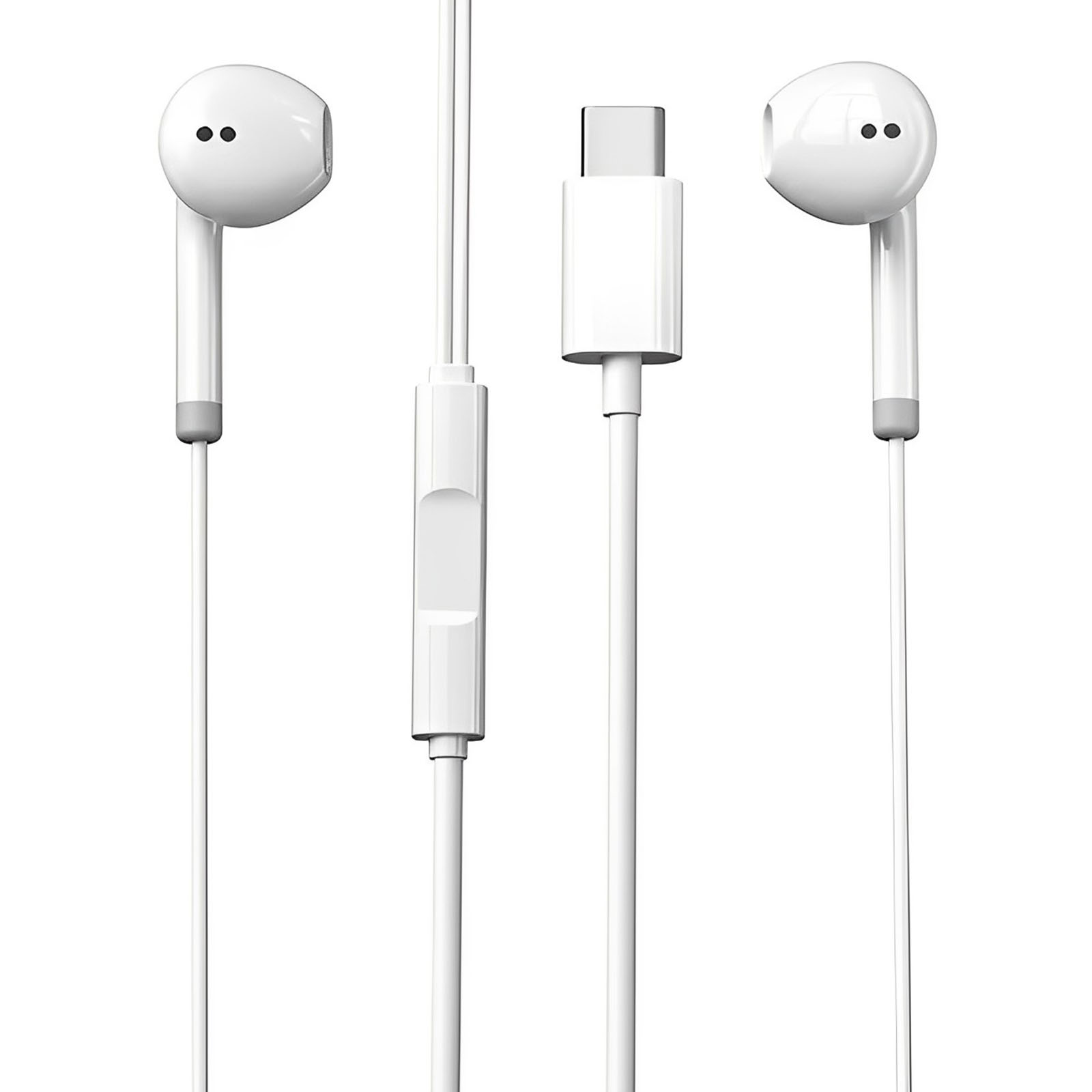 Weiße Ohrhörer mit weißem Kabel, Steuerung und USB-C-Anschluss.