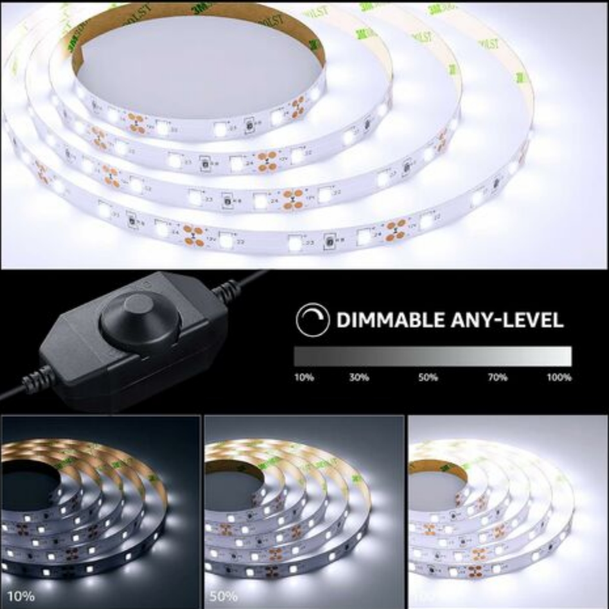 LED-Streifenlicht mit Dimmschalter und Beispiele für verschiedene Helligkeiten.
