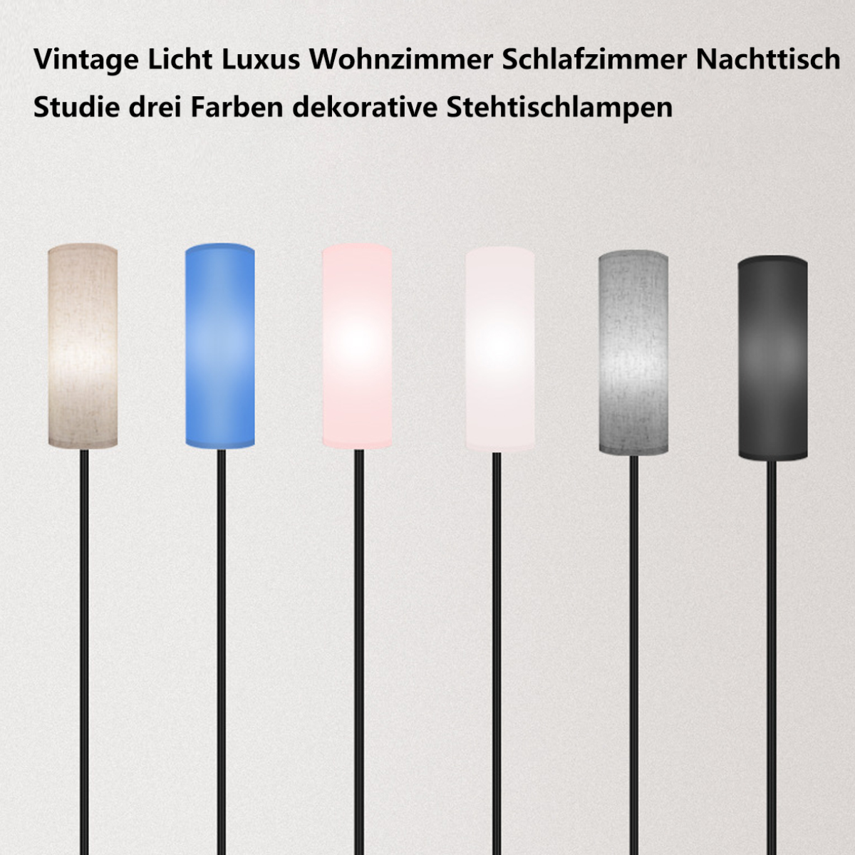 Fünf Stehlampen mit zylindrischen Schirmen in verschiedenen Farben. Sie stehen auf einer hellen Oberfläche.