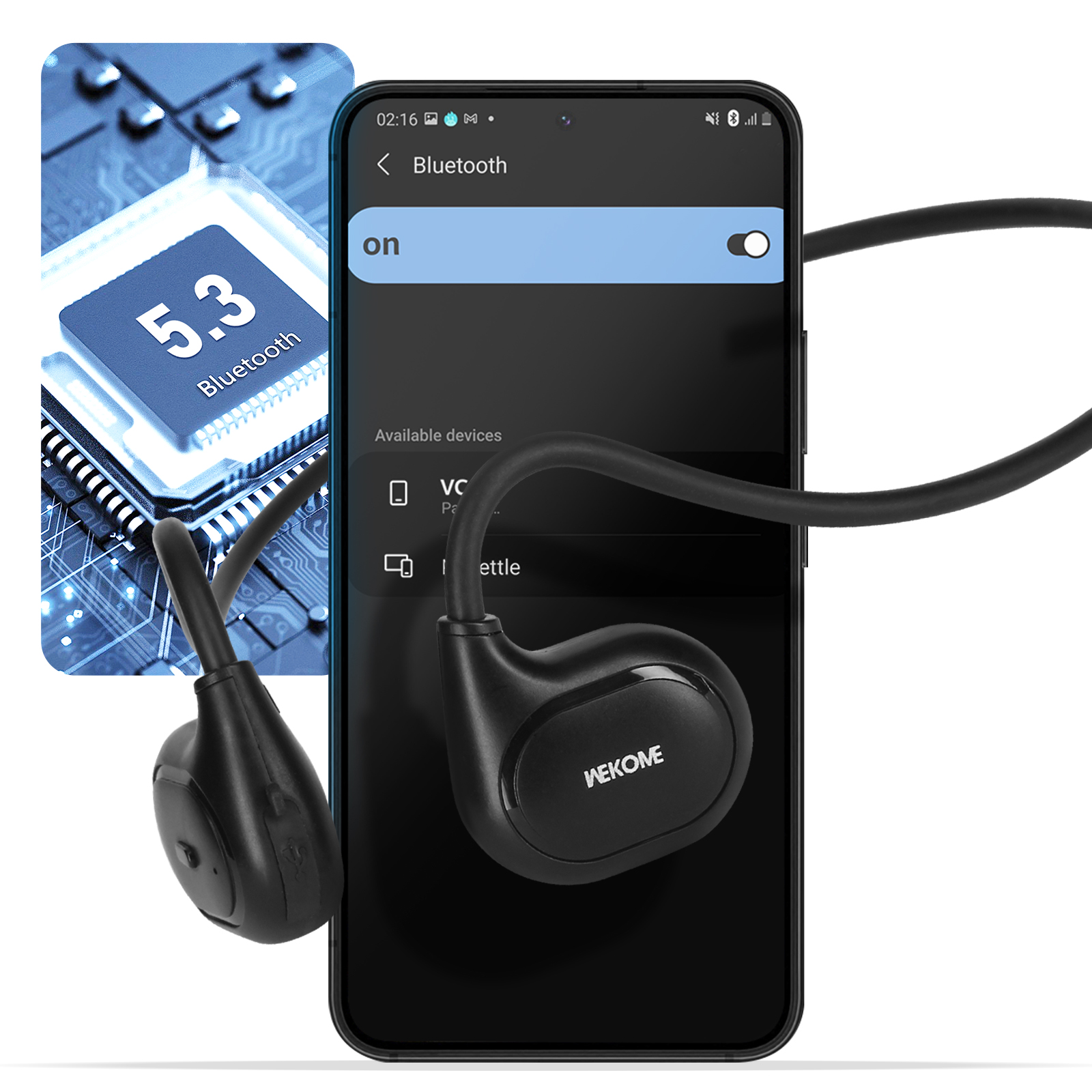 Schwarze Kopfhörer mit einem Telefon, das eine Bluetooth-Verbindung anzeigt. Die Kopfhörer sind rechts.