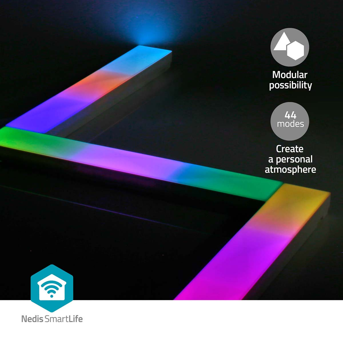 Colorful LED light strips forming a design, with text about modularity.