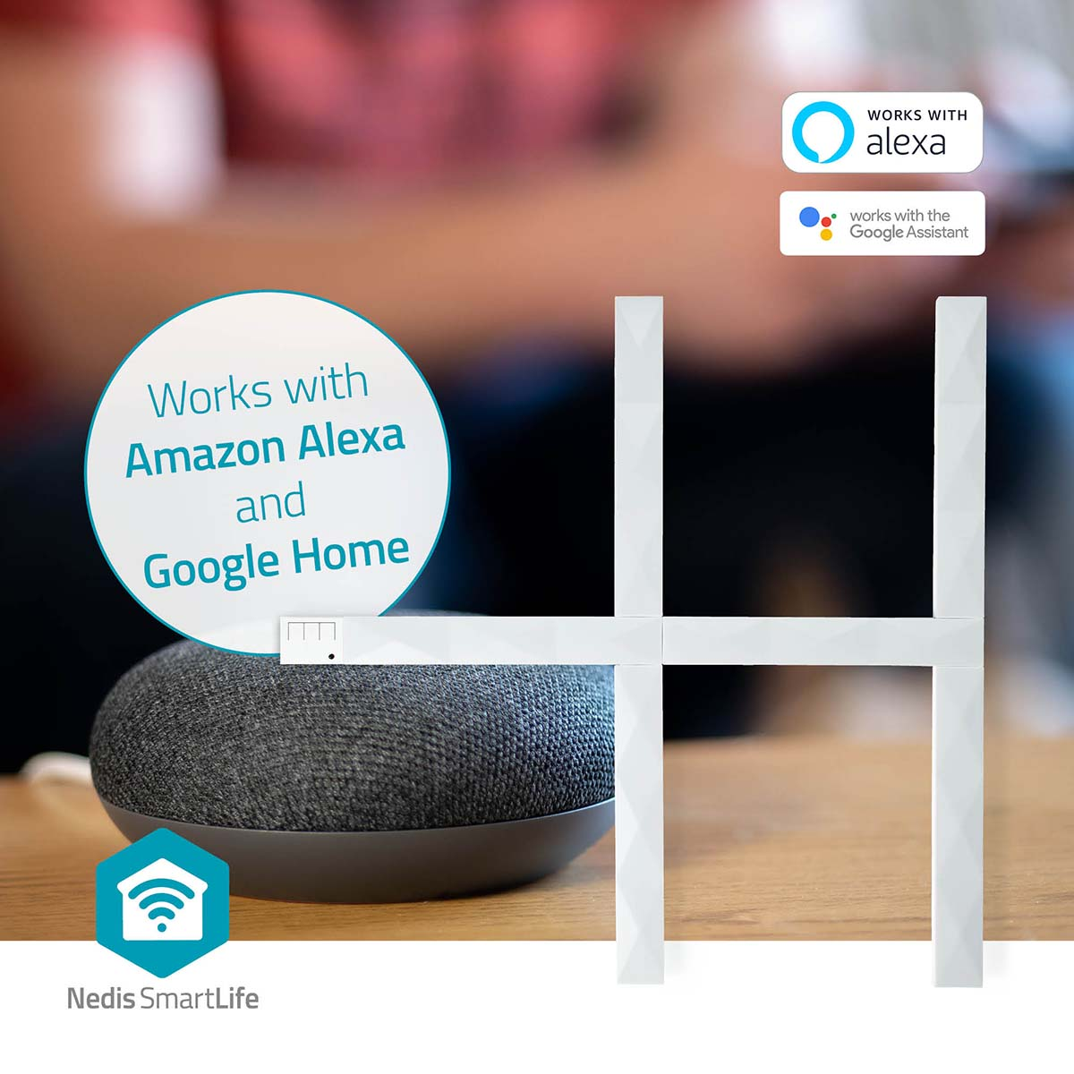A smart home device with a speaker and an H-shaped light. Text says 'Works with Alexa and Google Home'.