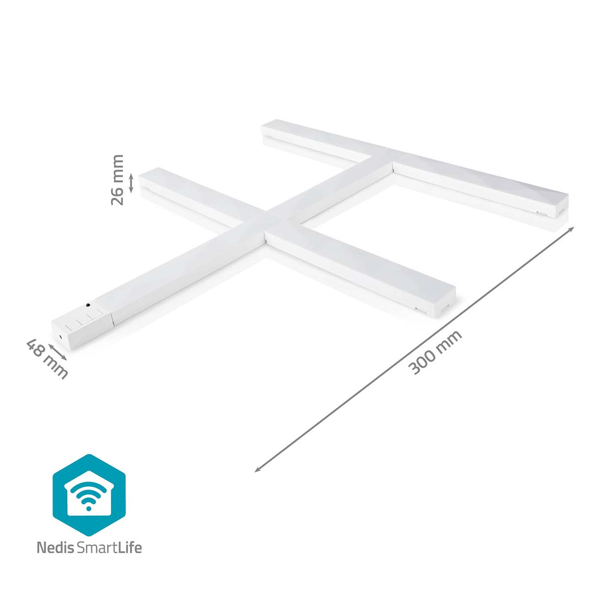 A white H-shaped light with dimensions and a smart home logo on a white background.