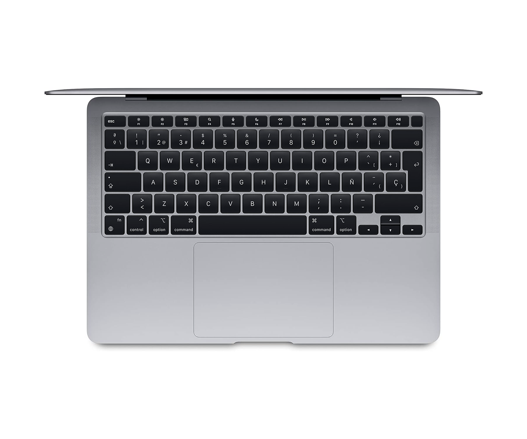 Vista superior de un portátil MacBook plateado con el teclado abierto y un trackpad.