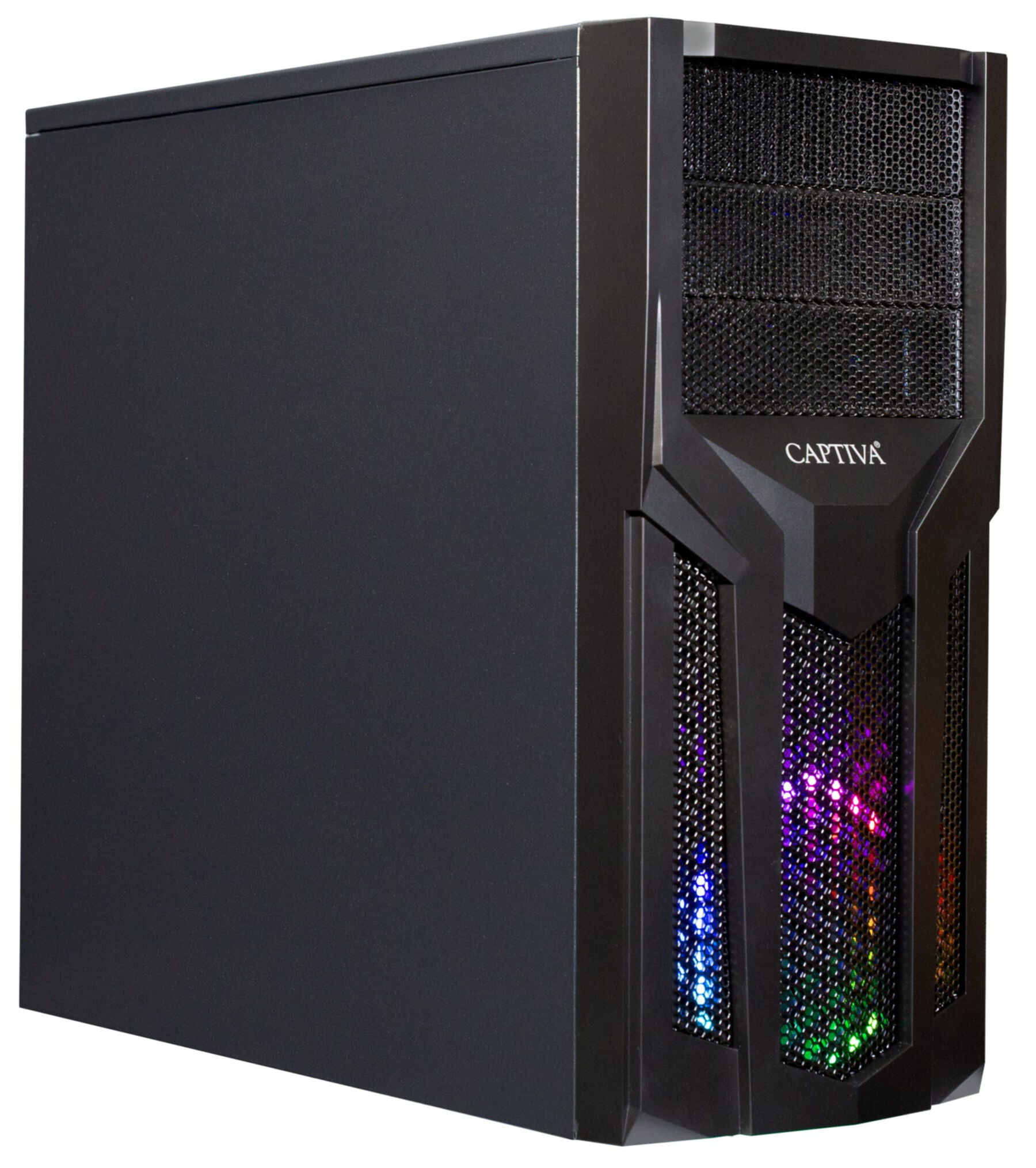 Case per computer nero. Ha un pannello frontale a rete con logo Captiva e luci colorate.