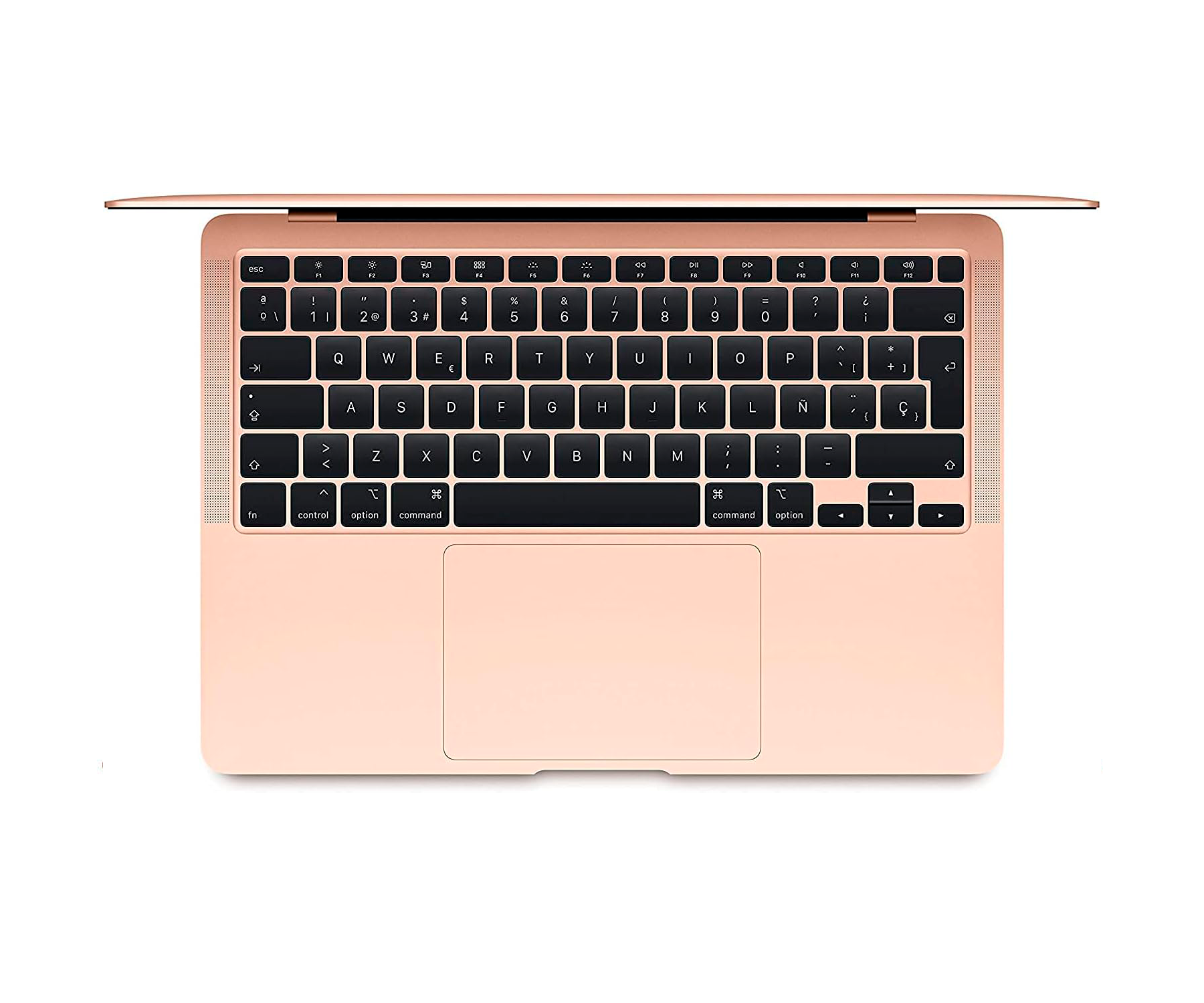 Vista superior de un portátil oro rosa con teclado negro sobre superficie blanca.
