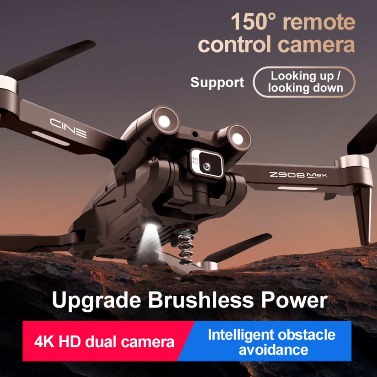 Eine Drohne mit dem Text Upgrade Brushless Power und 4K HD Dual-Kamera. Die Szene hat einen dunklen Hintergrund mit einer Drohne im Fokus.
