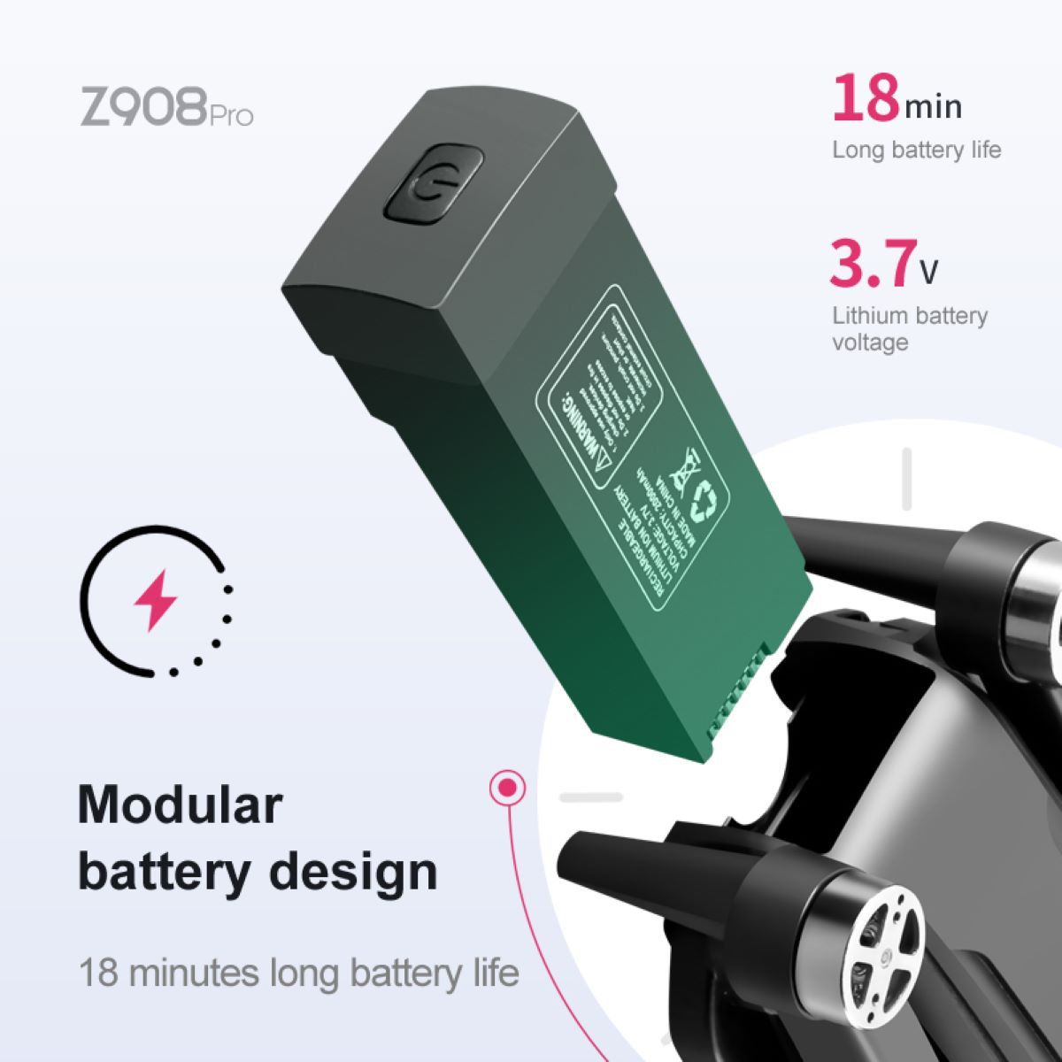 Modulares Batteriedesign mit Text, grüner Batterie und Drohnen-Teilen.