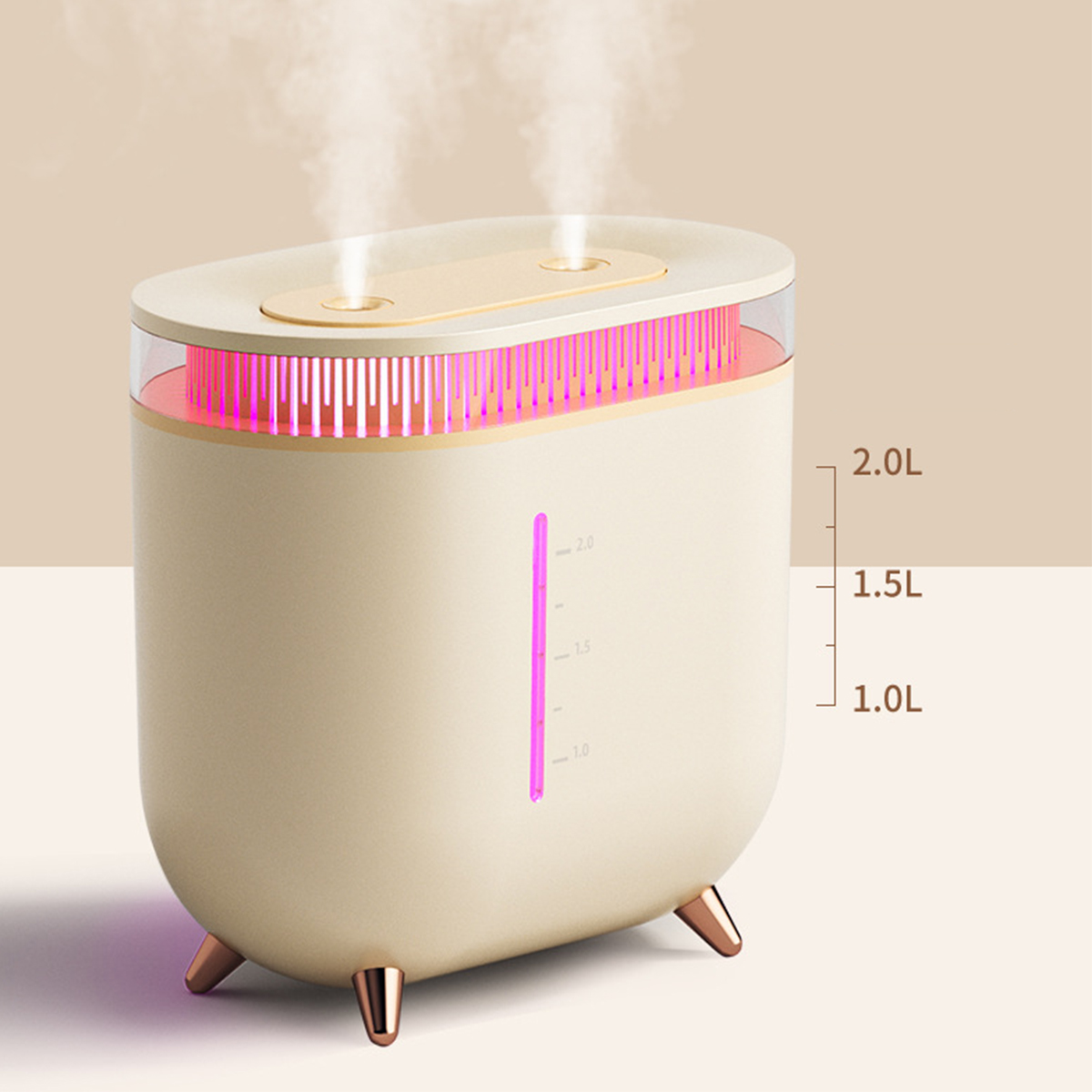 Cremefarbener Luftbefeuchter mit rosa Licht im Inneren. Zeigt Wasserstandslinien und eine Kapazität von 2,0 l.