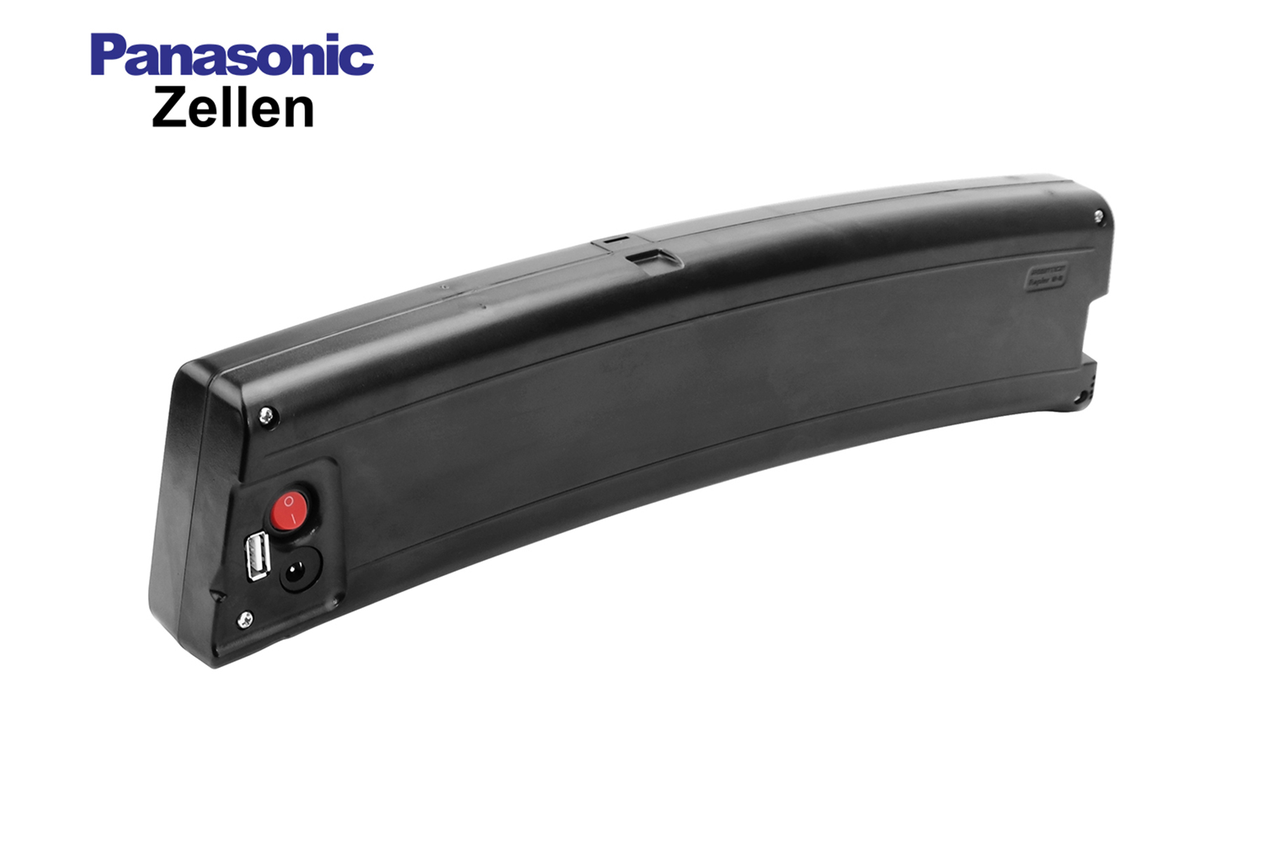 Schwarzer Panasonic Zellen E-Bike-Akku mit rotem Einschaltknopf und USB-Anschluss.