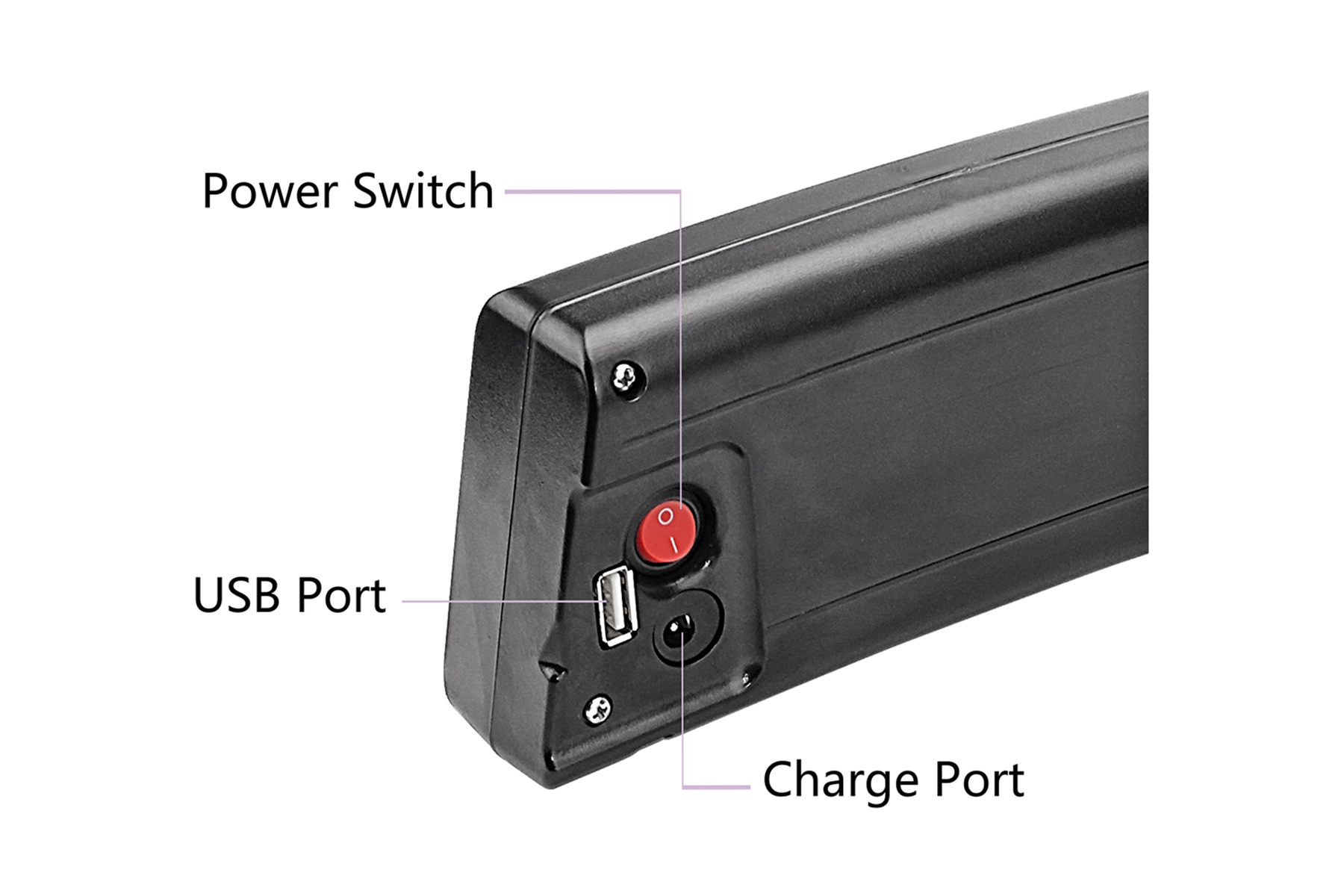 Ein schwarzes, rechteckiges Akkupack mit Netzschalter, USB-Anschluss und Ladeanschluss.