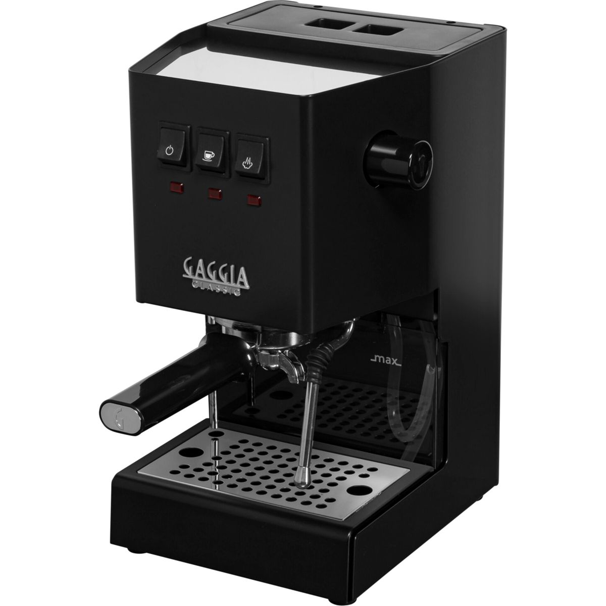 Czarny ekspres Gaggia Classic z przyciskami, kolbą i zbiornikiem na wodę.