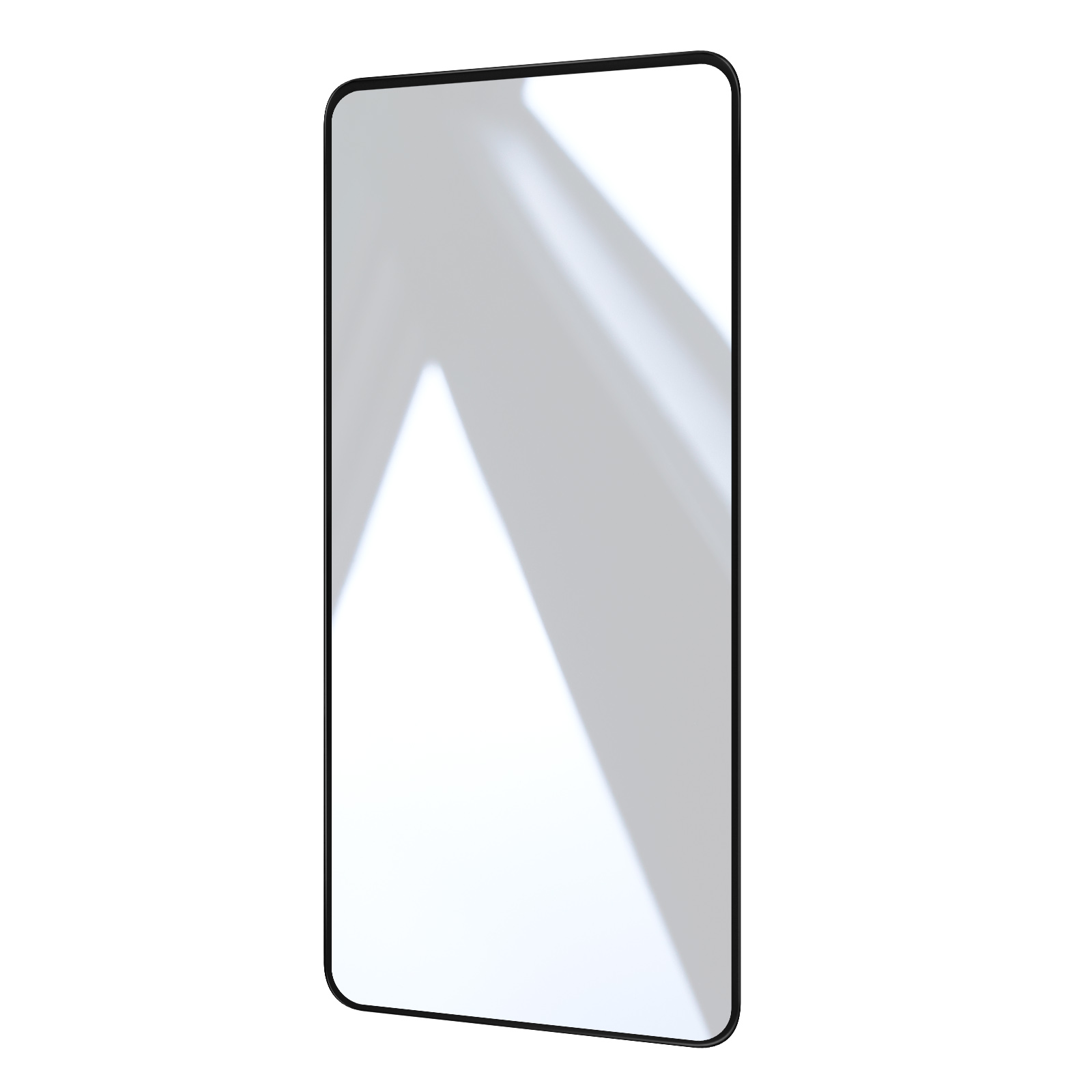 Specchio rettangolare con cornice nera. Sfondo bianco. Riflesso della luce sul vetro.