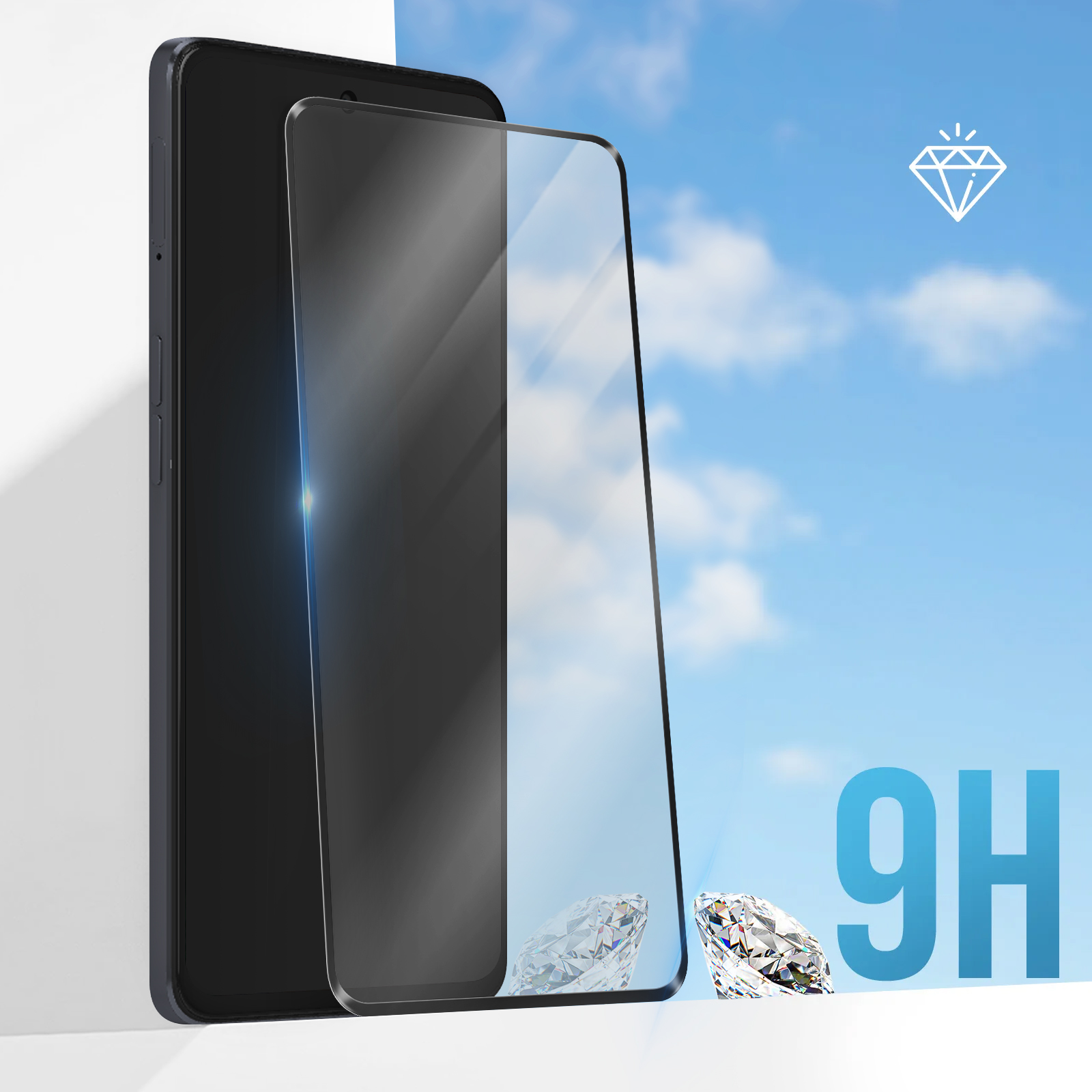 Un telefono con una protezione per lo schermo viene visualizzato con un cielo blu e diamanti sullo sfondo. Il testo dice '9H'.