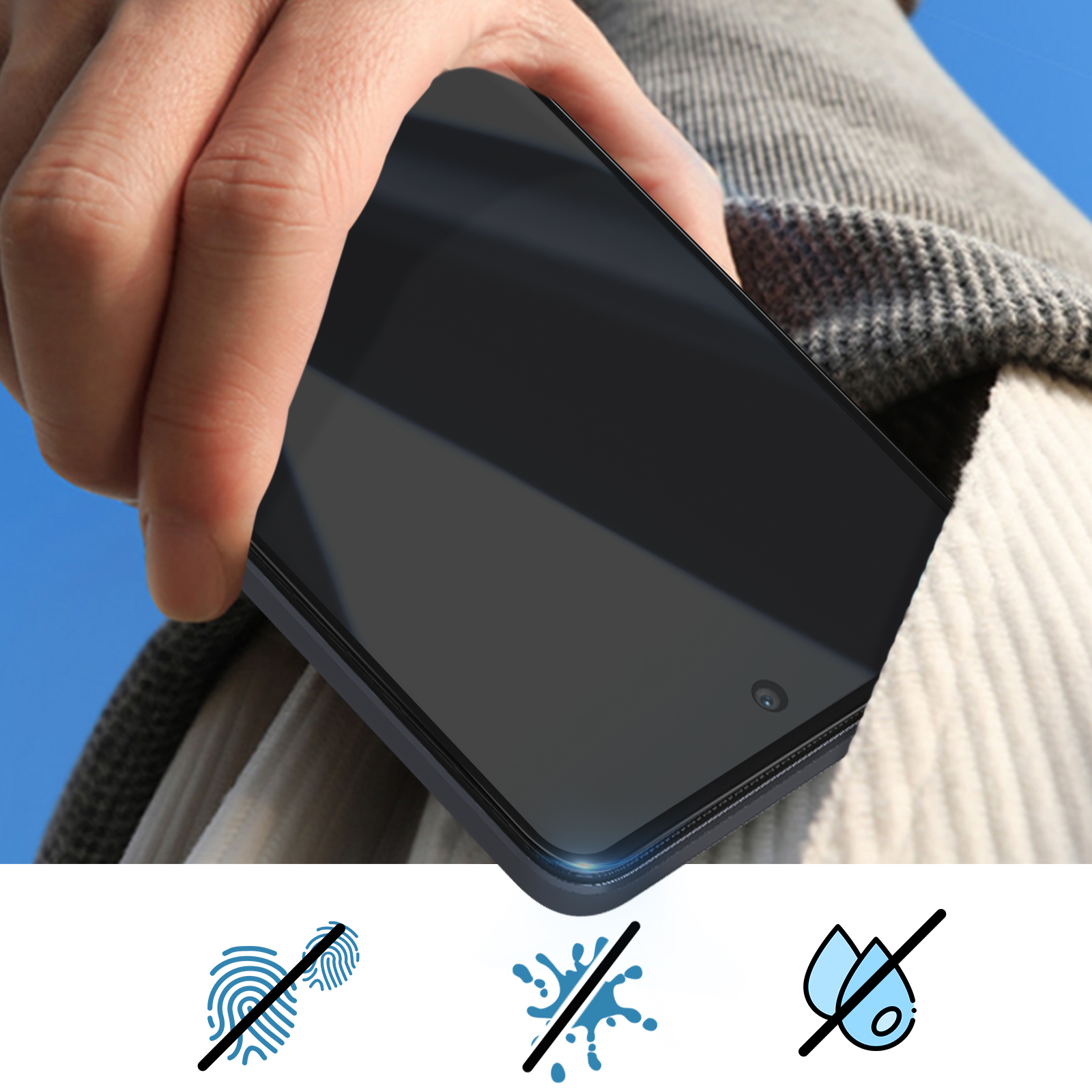 Un telefono nero in tasca, con icone che indicano niente impronte digitali, acqua o polvere.